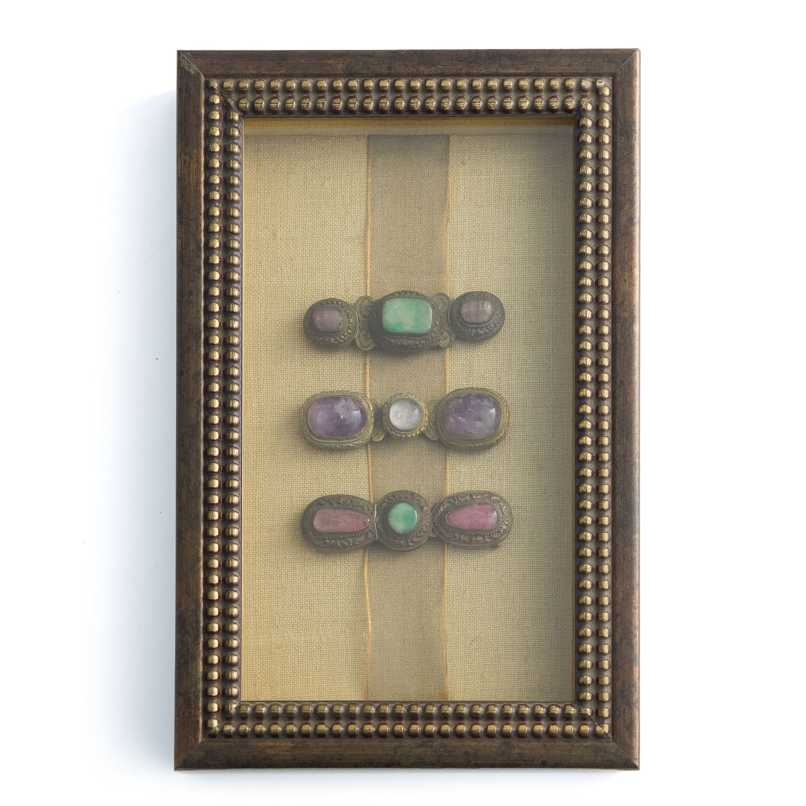 Three Chinese gem-set brass belt buckles, Qing dynasty (1 of 4)