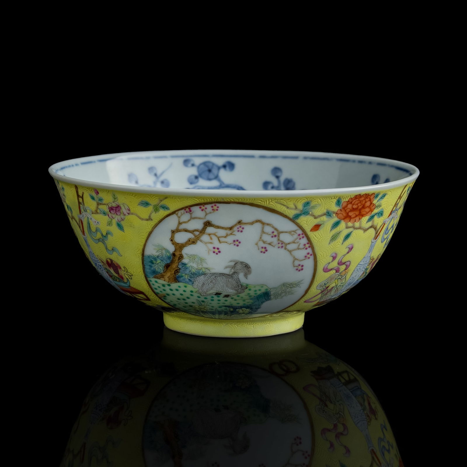 A Chinese blue and famille rose ‘three goats’ bowl, Guangxu period, Qing dynasty (1 of 9)