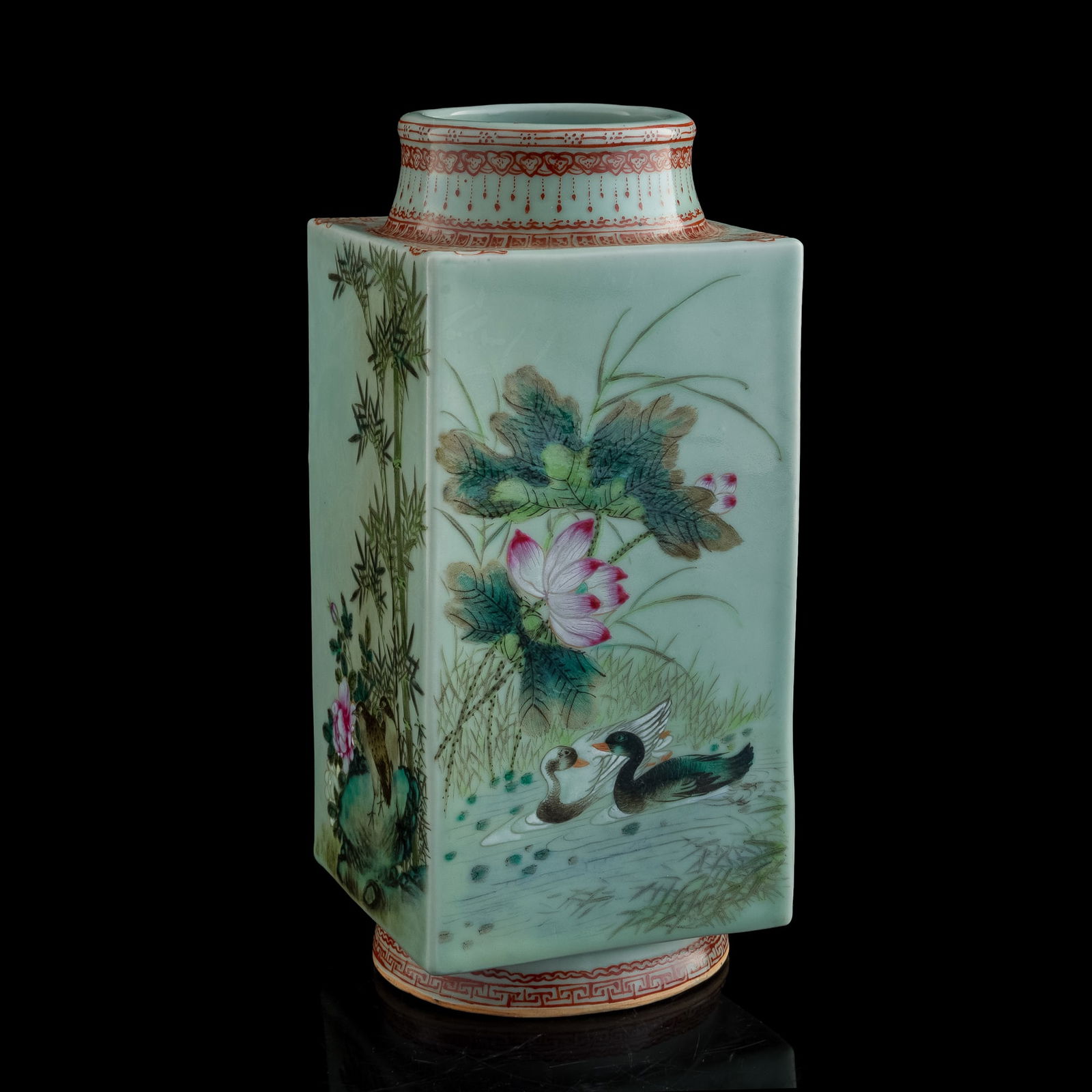 A Chinese celadon-glazed ground famille rose cong-form vase, Guangxu period, Qing dynasty (1 of 9)