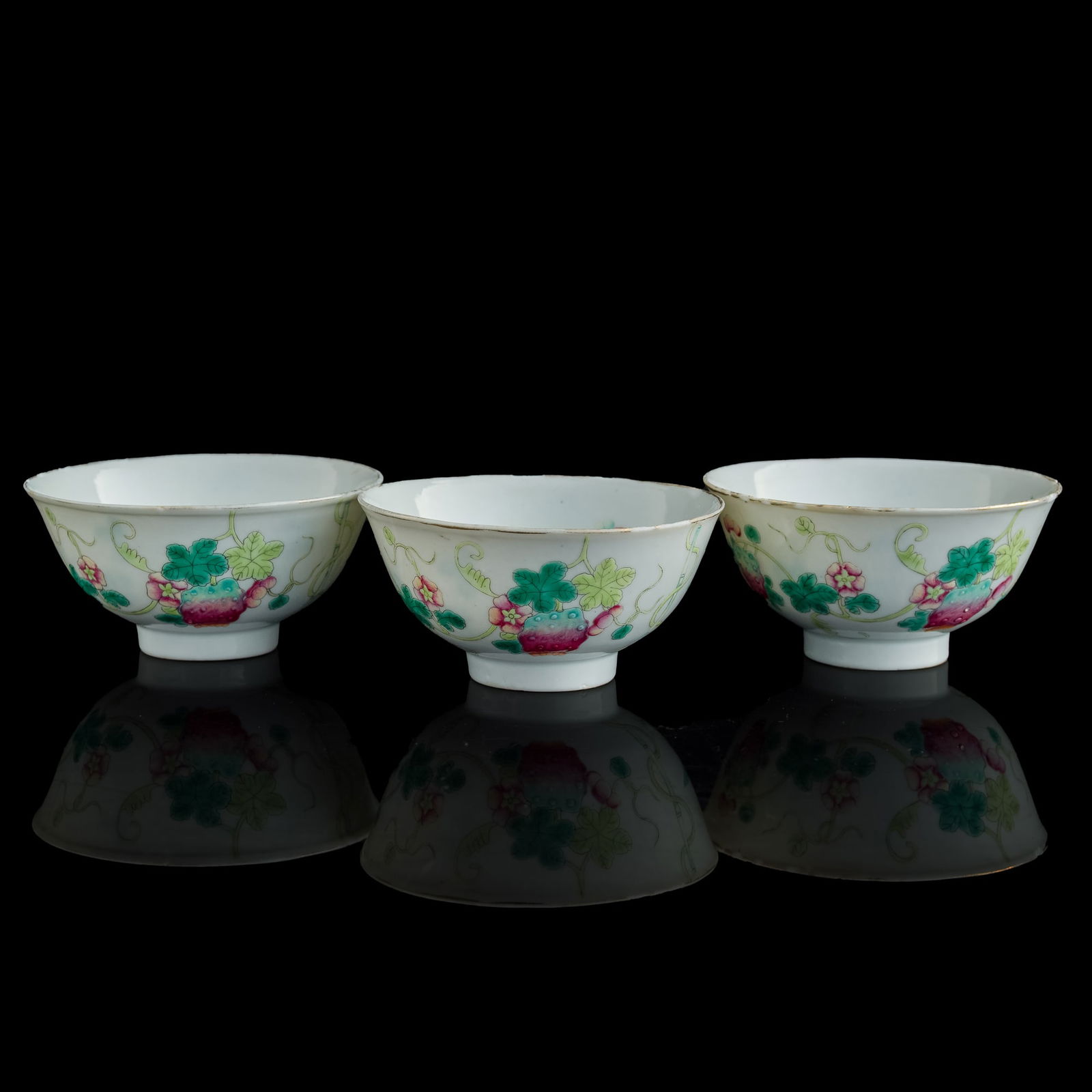 Three Chinese famille rose 'melon' bowls, Xuantong period, Qing dynasty (1 of 12)