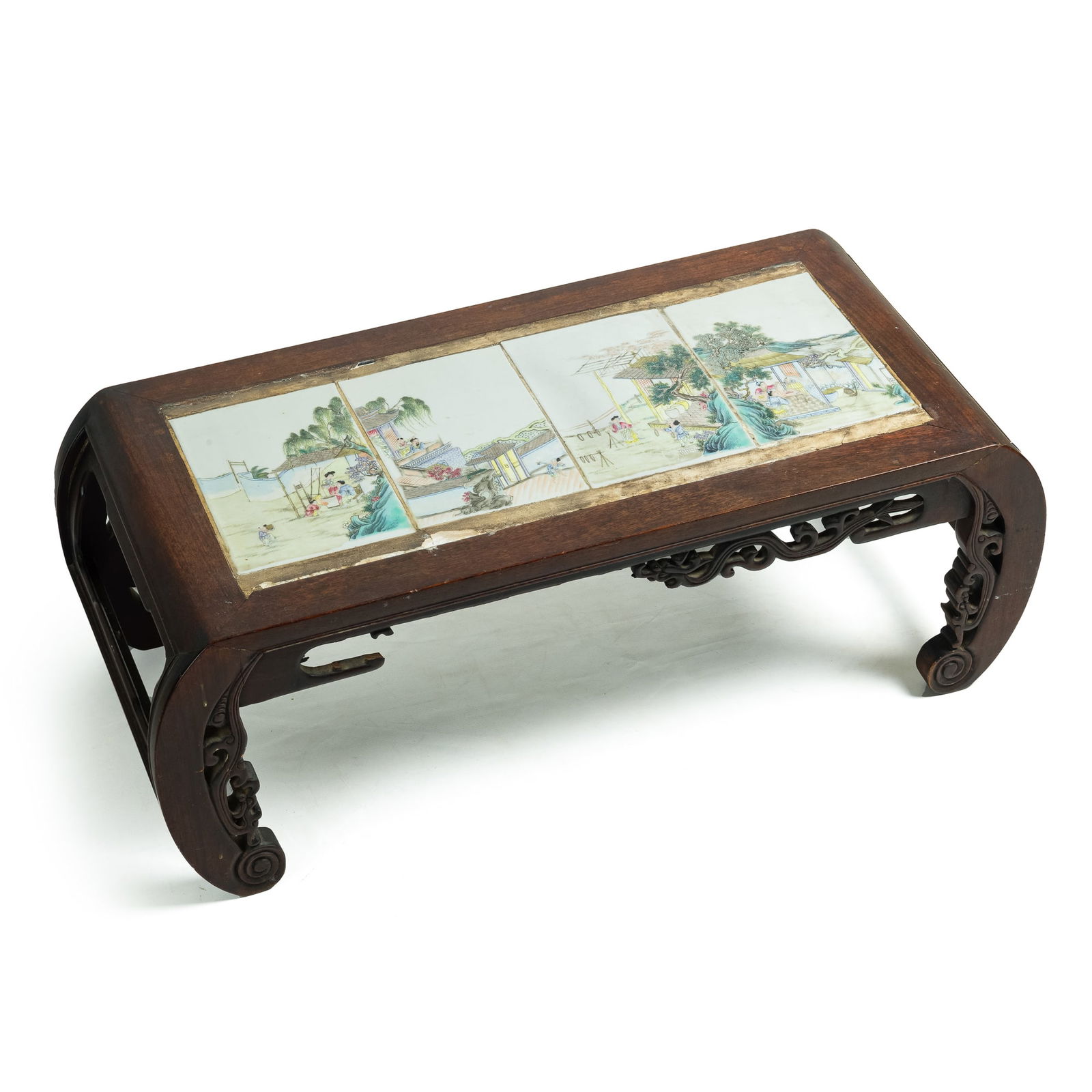 A Chinese hardwood kang table inset with famille rose porcelain plaques, Republic period (1 of 10)