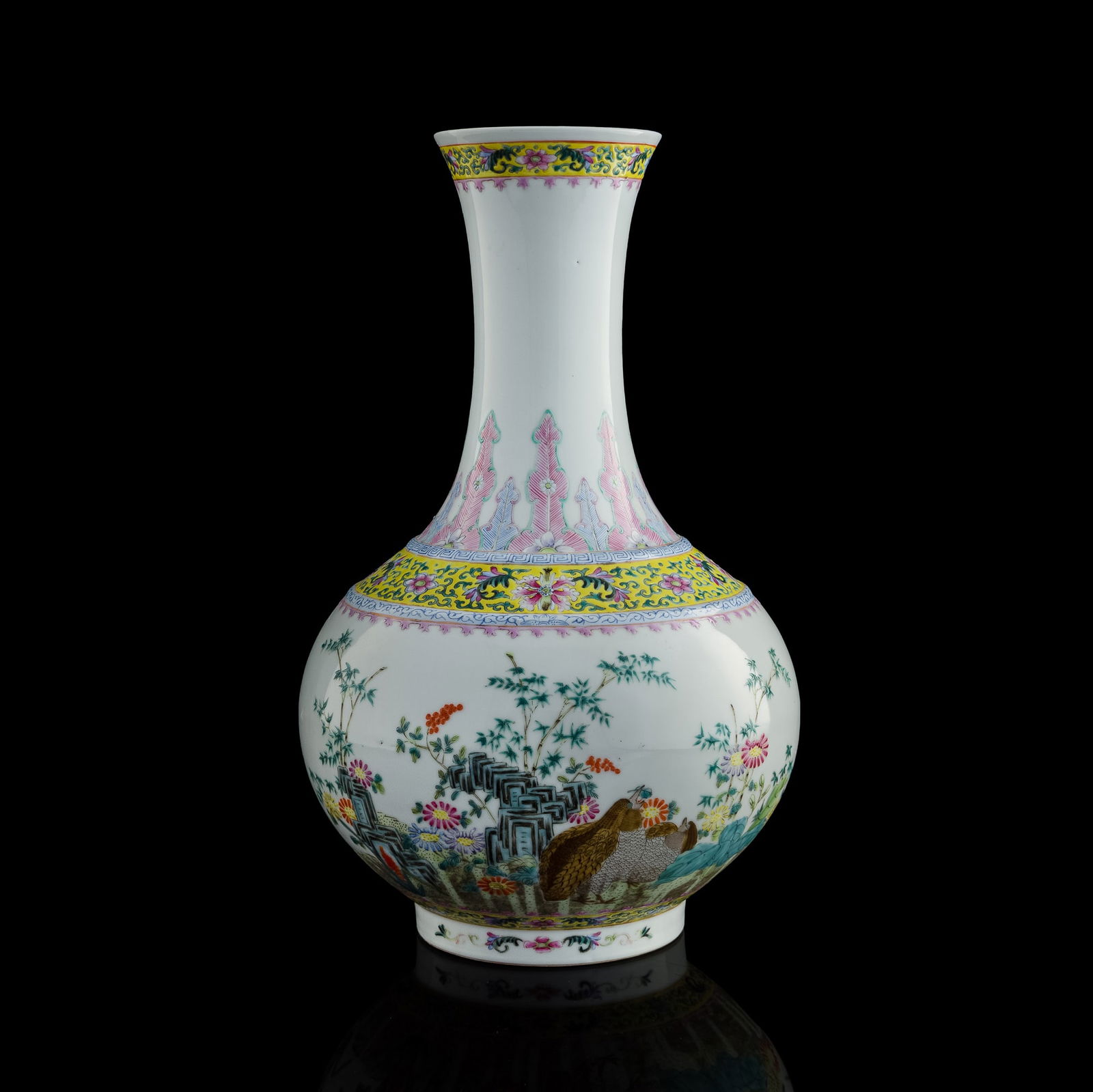 A Chinese famille rose 'quails' shang vase, Republic period: A Chinese famille rose 'quails' shang vase Republic period With six-character mark to underside. H: 15 1/2, Dia: 9 3/4 in. (H: 39.37, Dia: 24.77 cm.) Collection of Mrs. Courter, Crystal River, Florida