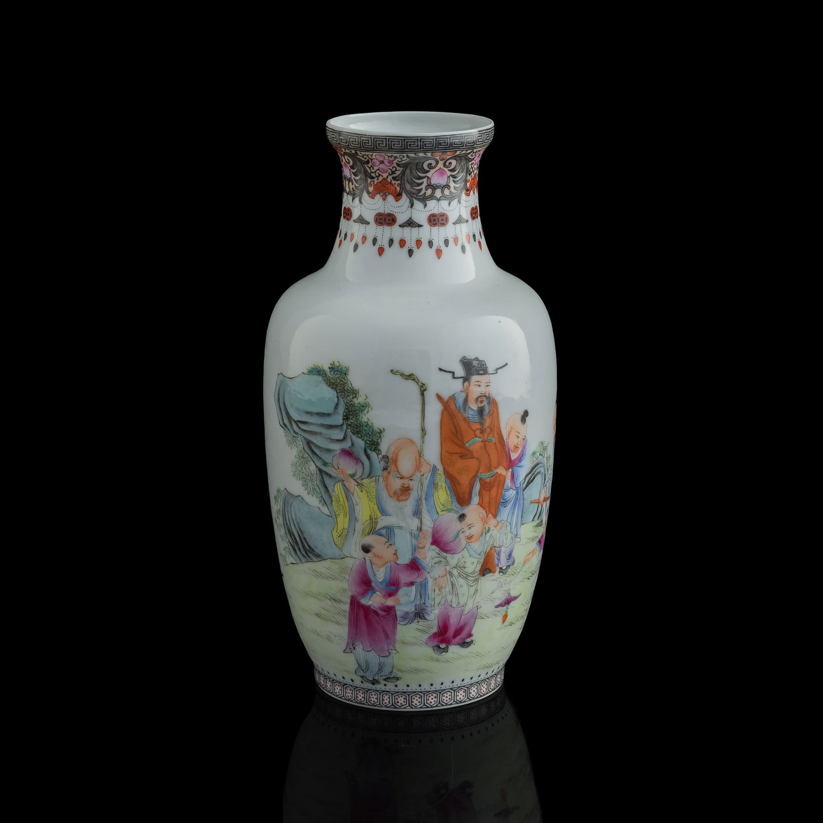 A Chinese famille rose 'figural' vase, Republic period: A Chinese famille rose 'figural' vase Republic period With four-character mark to underside. H: 8 3/8, Dia: 4 1/4 in. (H: 21.3, Dia: 10.8 cm.) From Mrs. Bloom in Raleigh, North Carolina, family heirlo