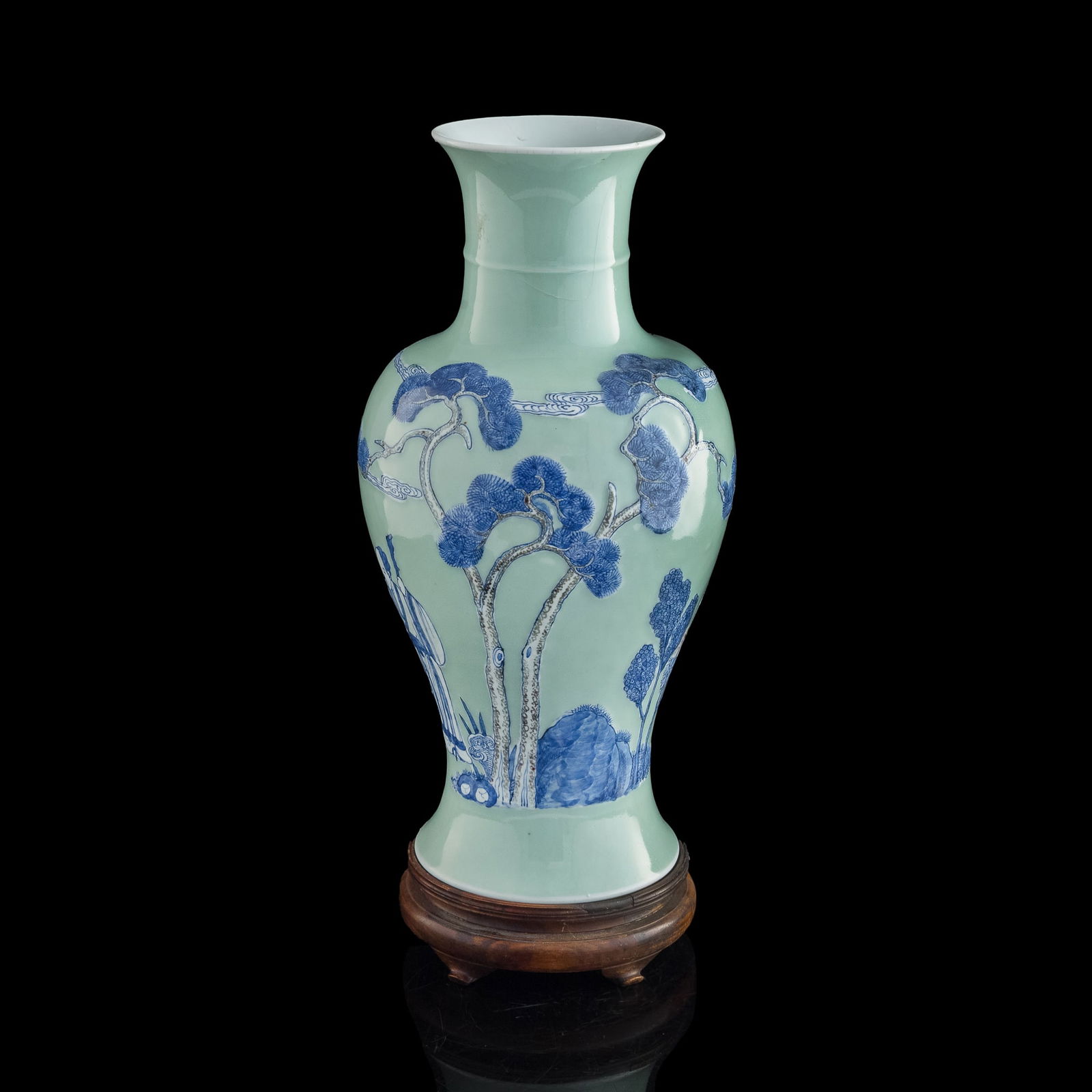 A Chinese underglaze sancai Guanyin vase, Kangxi period, Qing dynasty: A Chinese underglaze sancai Guanyin vase Kangxi period, Qing dynasty Sold with associated wooden stand. H: 19, Dia: 9 3/8 in. (H: 48.3, Dia: 23.8 cm. (vase)) Private collection, Malvern, Pennsylvania.