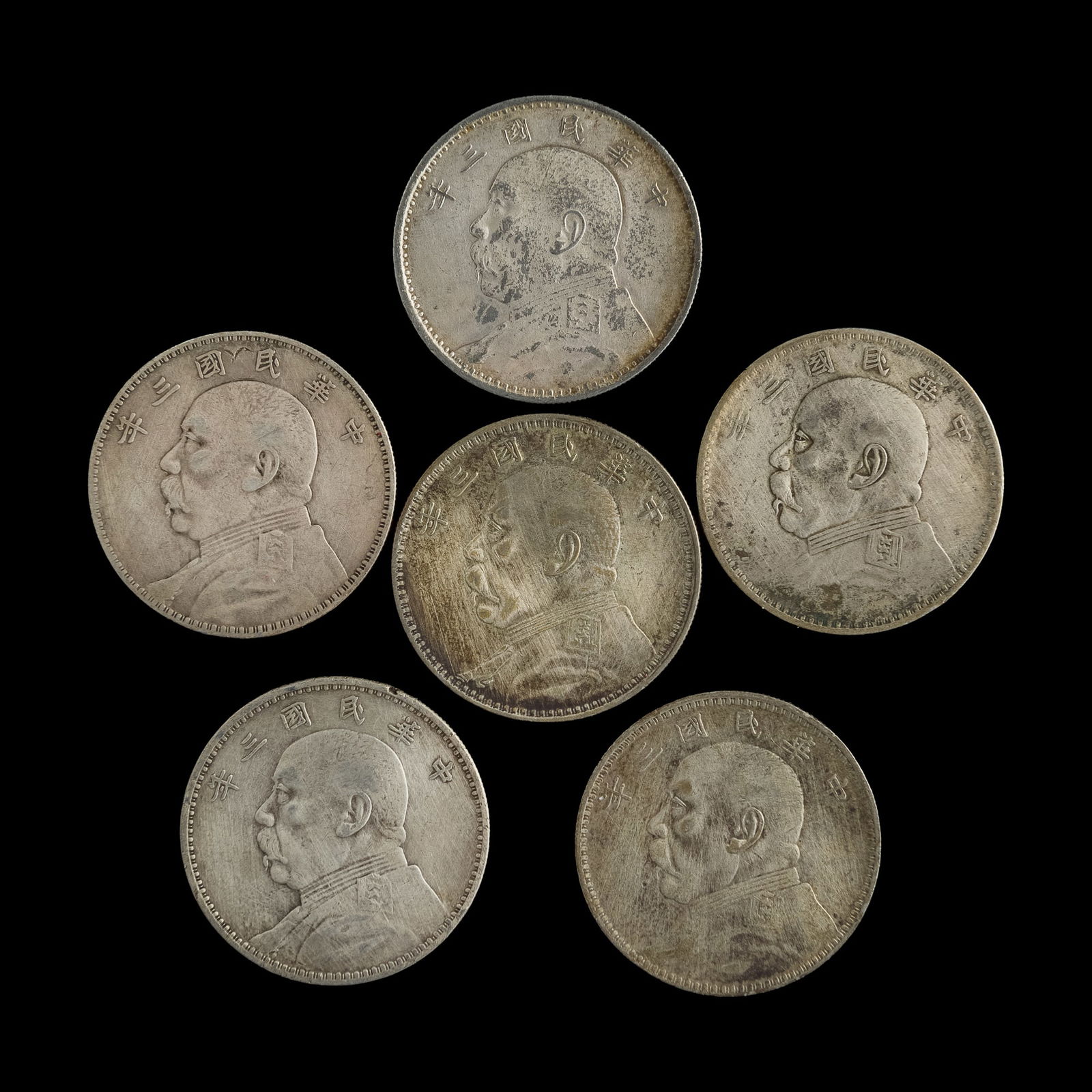 Six Chinese 'Yuan Shikai' silver coins, Year 3, Republic period: Six Chinese 'Yuan Shikai' silver coins Year 3, Republic period Dia: 38.6, D: 2.4 mm. (each) Weight range: 19 g - 26.8 g (each) From Mrs. Li in Las Vegas, Nevada.