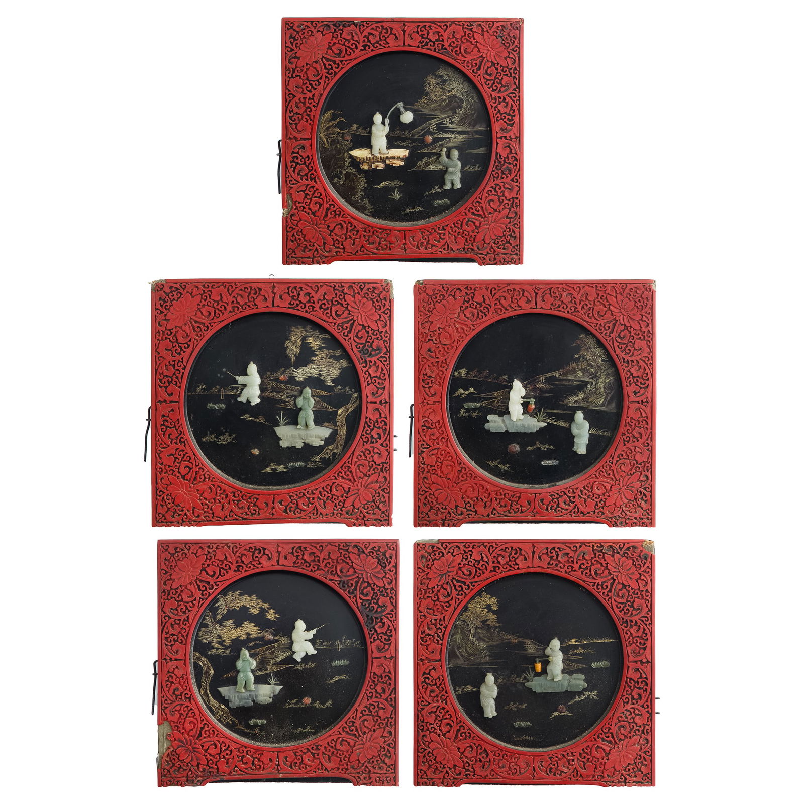 Five Chinese cinnabar screens with jade boy inlays, Qing dynasty/Republic period: Five Chinese cinnabar screens with jade boy inlays Qing dynasty/Republic period H: 16 1/2, W: 16 in. (H: 41.9, W: 40.6 cm. (each)) From Mr. Green in Jacksonville, Florida.