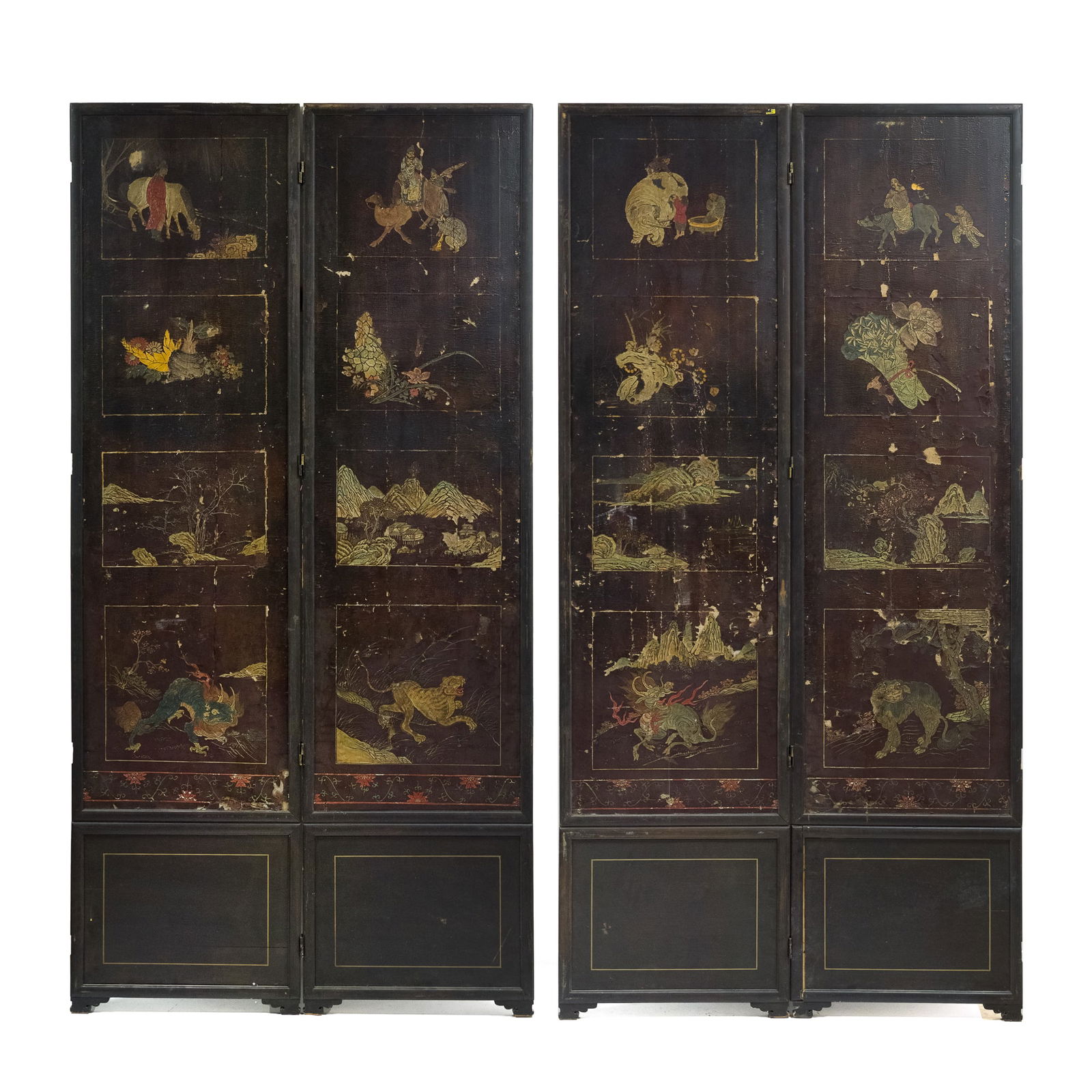 A Chinese four-panel black lacquer polychrome screens, 17th century (1 of 14)
