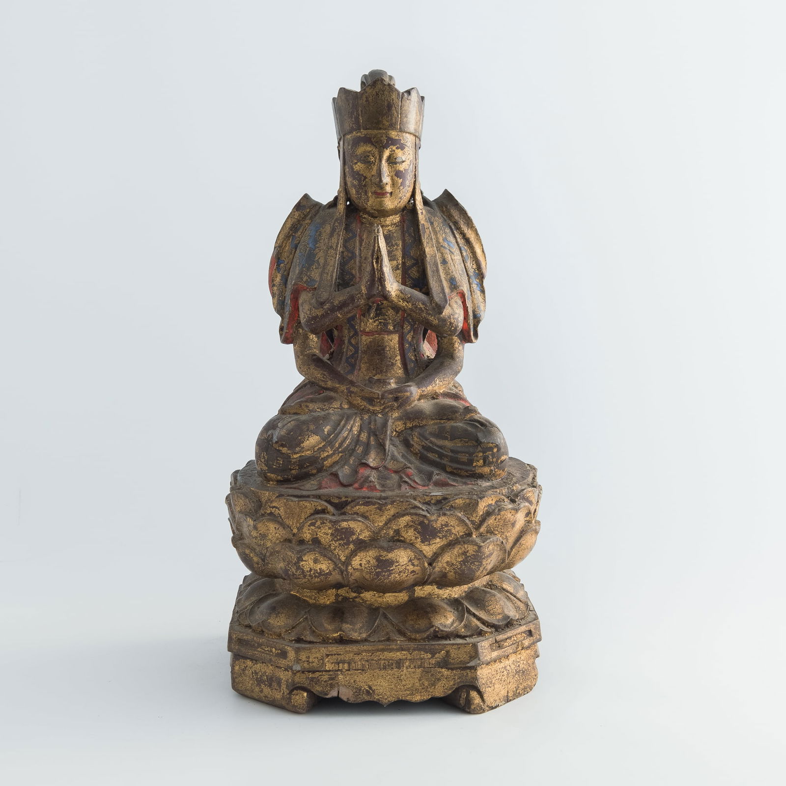 A Chinese gilt-wood polychrome figure of a Bodhisattva, Ming dynasty: A Chinese gilt-wood polychrome figure of a Bodhisattva Ming dynasty H: 16, W: 8, D: 7 3/4 in. (H: 40.7, W: 20.3, D: 19.7 cm.) From Mr. Reeves in Mississippi. Cli