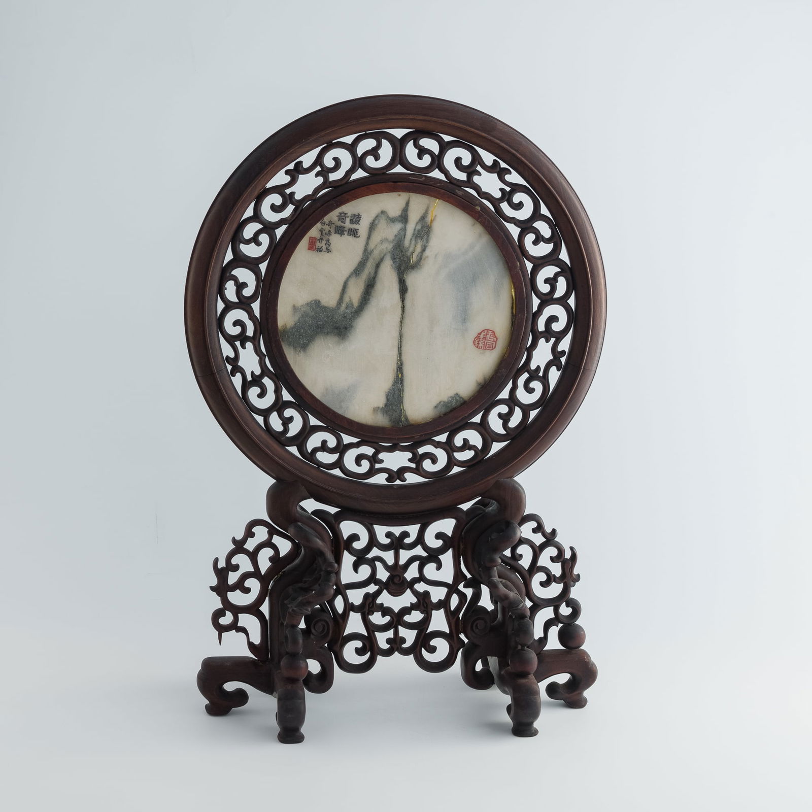 A Chinese marble-inlaid hardwood table screen, 19th century (1 of 8)