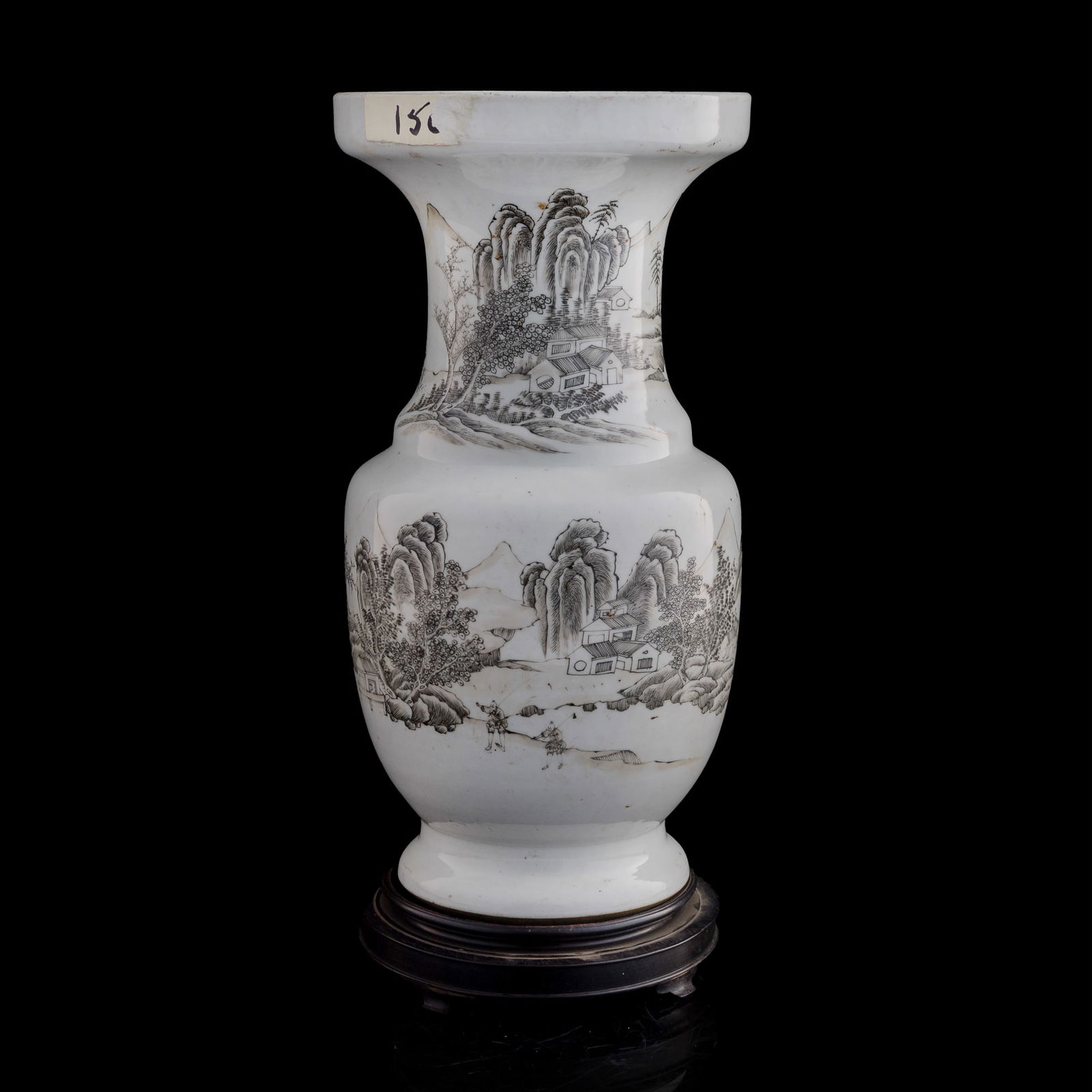 A Chinese black enamel 'landscape' vase with everted mouth, Yongzheng period, Qing dynasty: A Chinese black enamel 'landscape' vase with everted mouth Yongzheng period, Qing dynasty Sold with associated wooden stand. H: 14 1/2, Dia: 7 in. (H: 36.8, Dia: 17.8 cm. (vase)) From Mr. Kung in Vanc