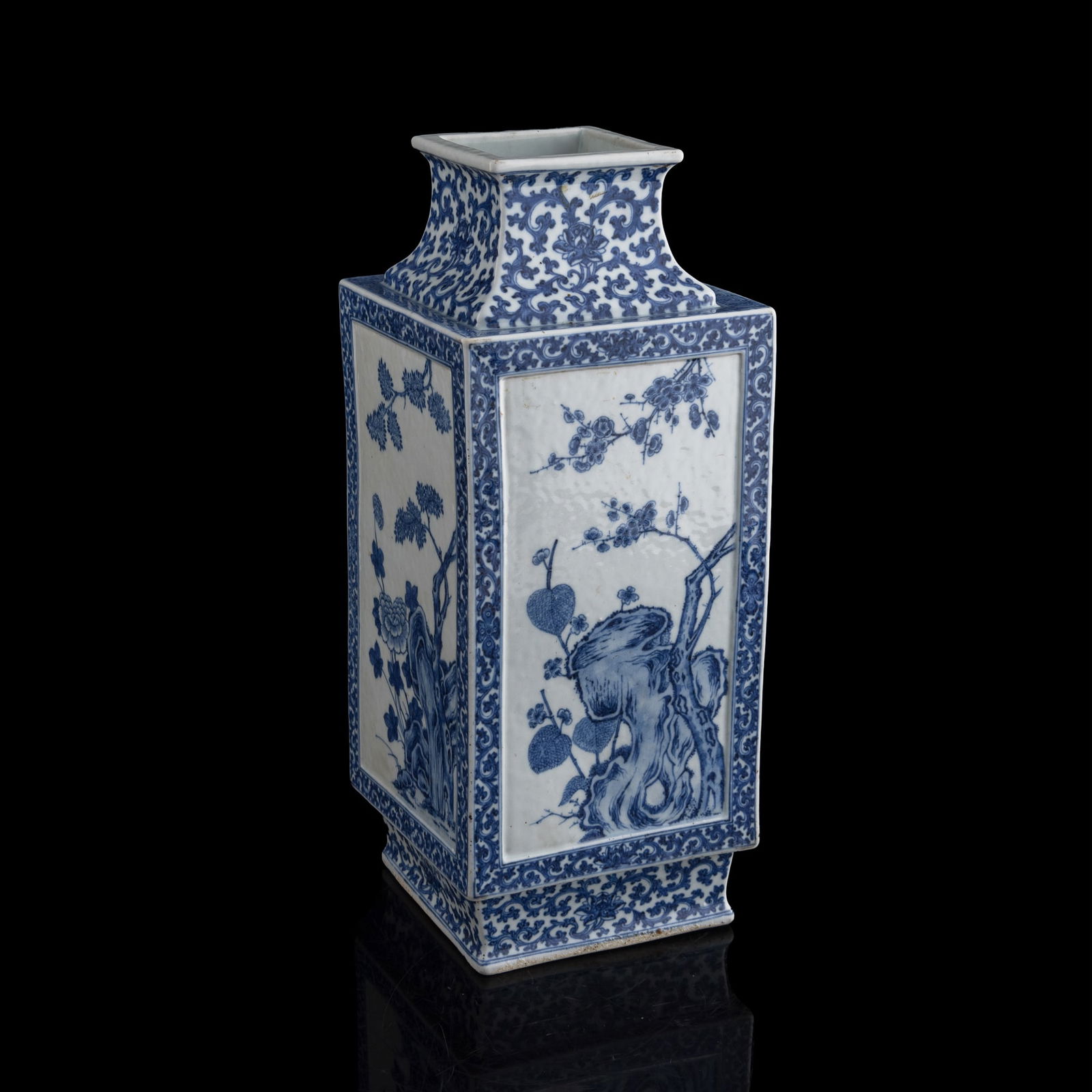 A Chinese blue and white 'floral' lantern vase, Qianlong period, Qing dynasty: A Chinese blue and white 'floral' lantern vase Qianlong period, Qing dynasty H: 15 3/8, W: 6 1/4, D: 6 1/4 in. (H: 39.1, W: 15.9, D: 15.9 cm.) From Mr. Kung in Vancouver, Canada, inherited from his fa