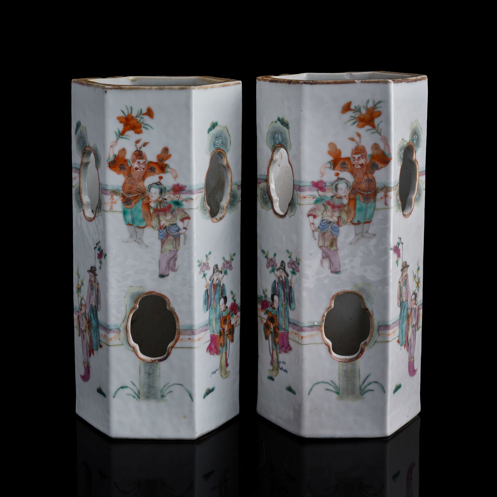 A pair of Chinese famille rose 'figural' hexagonal hat stands, late 19th century (1 of 11)