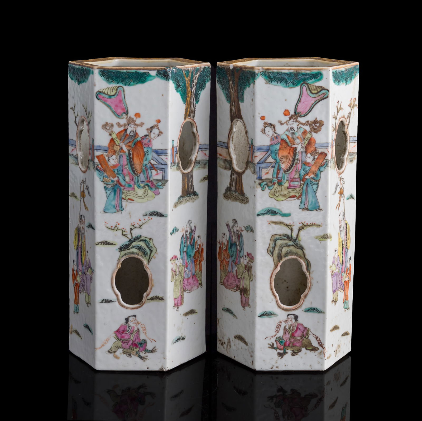 A pair of Chinese famille rose hexagonal hat stands, late 19th century (1 of 10)