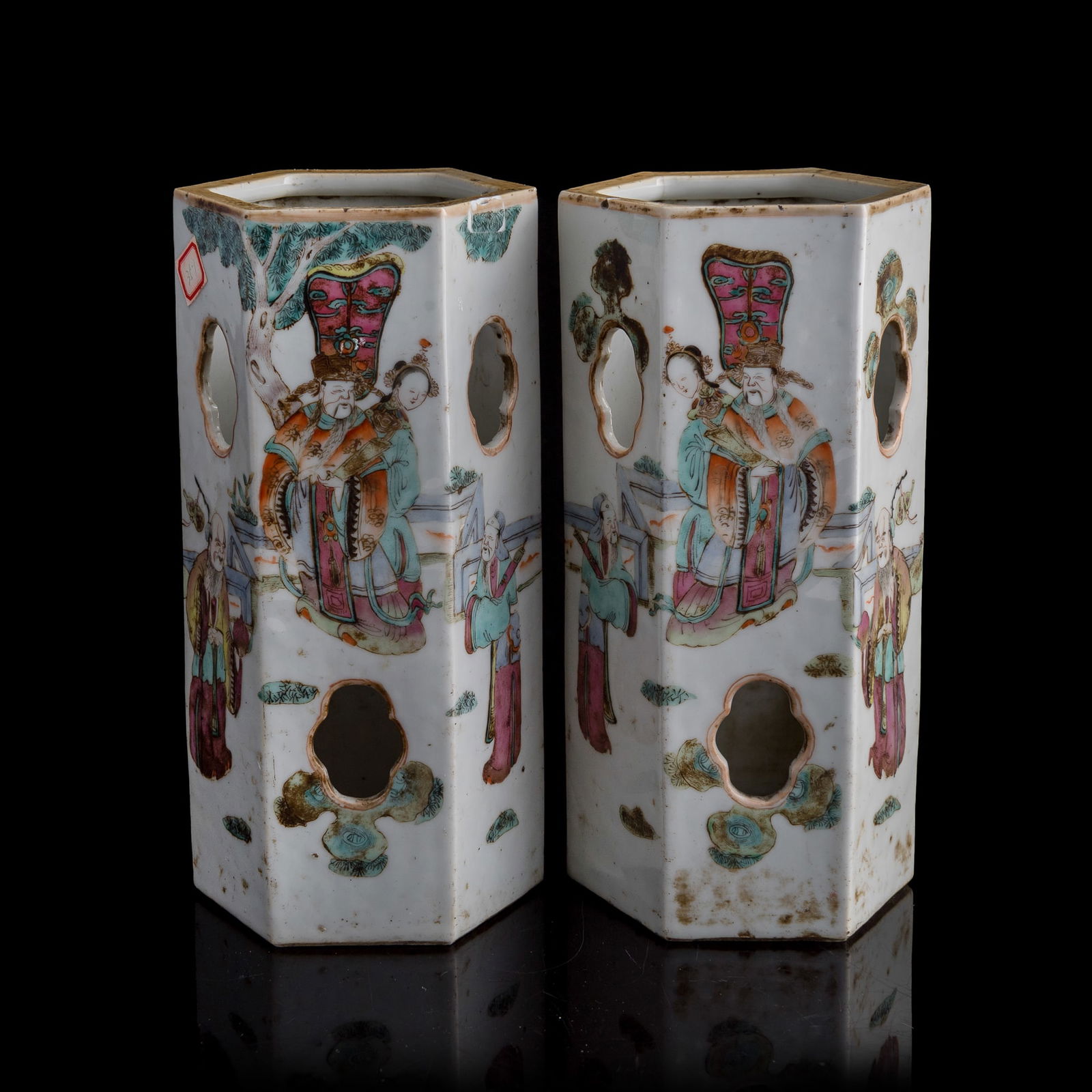 A pair of Chinese famille rose 'figural' hexagonal hat stands, late 19th century (1 of 10)