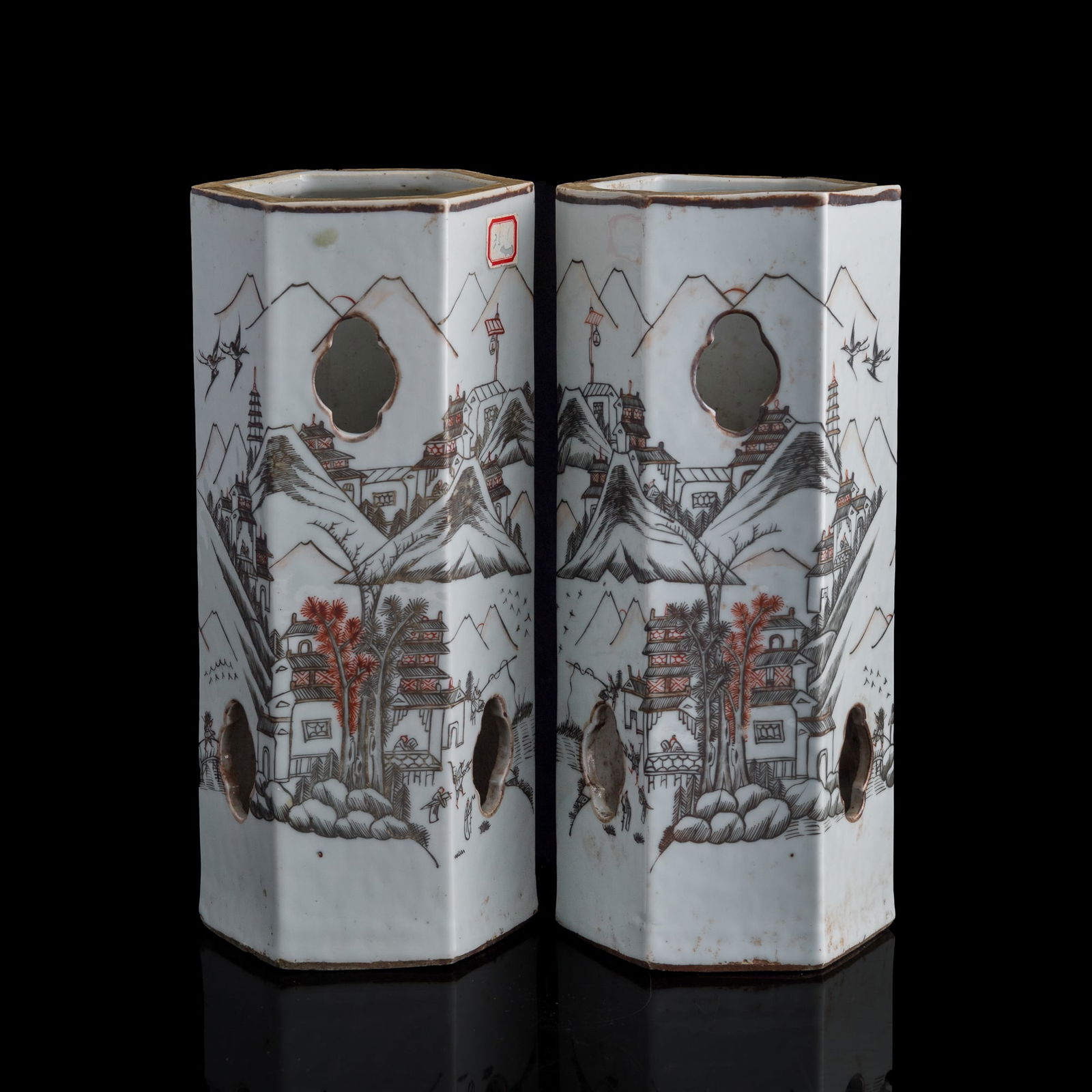 A pair of Chinese ink-decorated 'landscape' hexagonal hat stands, late 19th century (1 of 14)