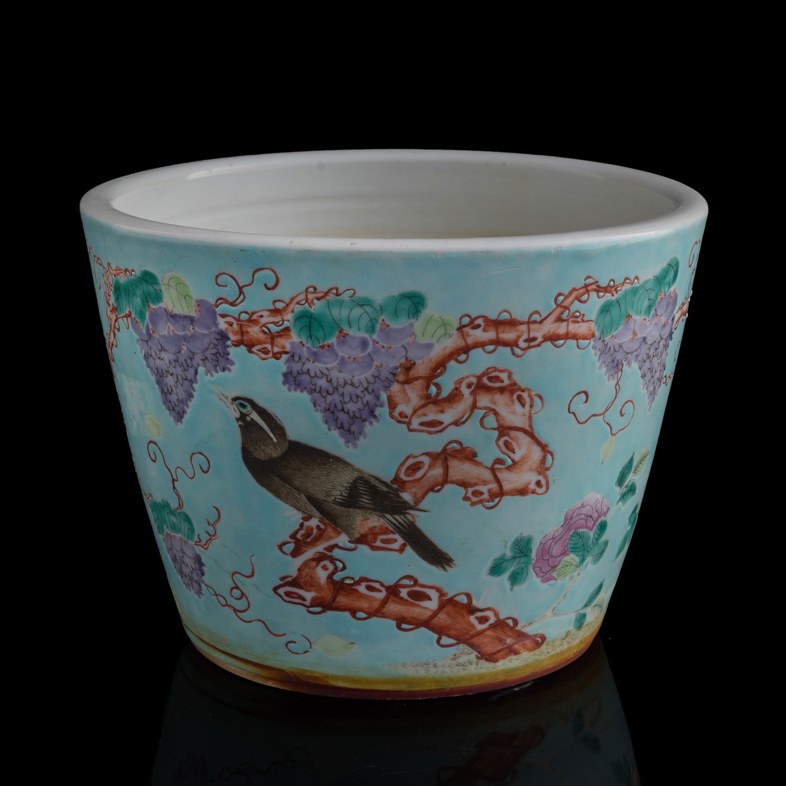 A Chinese turquoise-ground famille rose 'flower and bird' jardiniere, 19th century (1 of 8)
