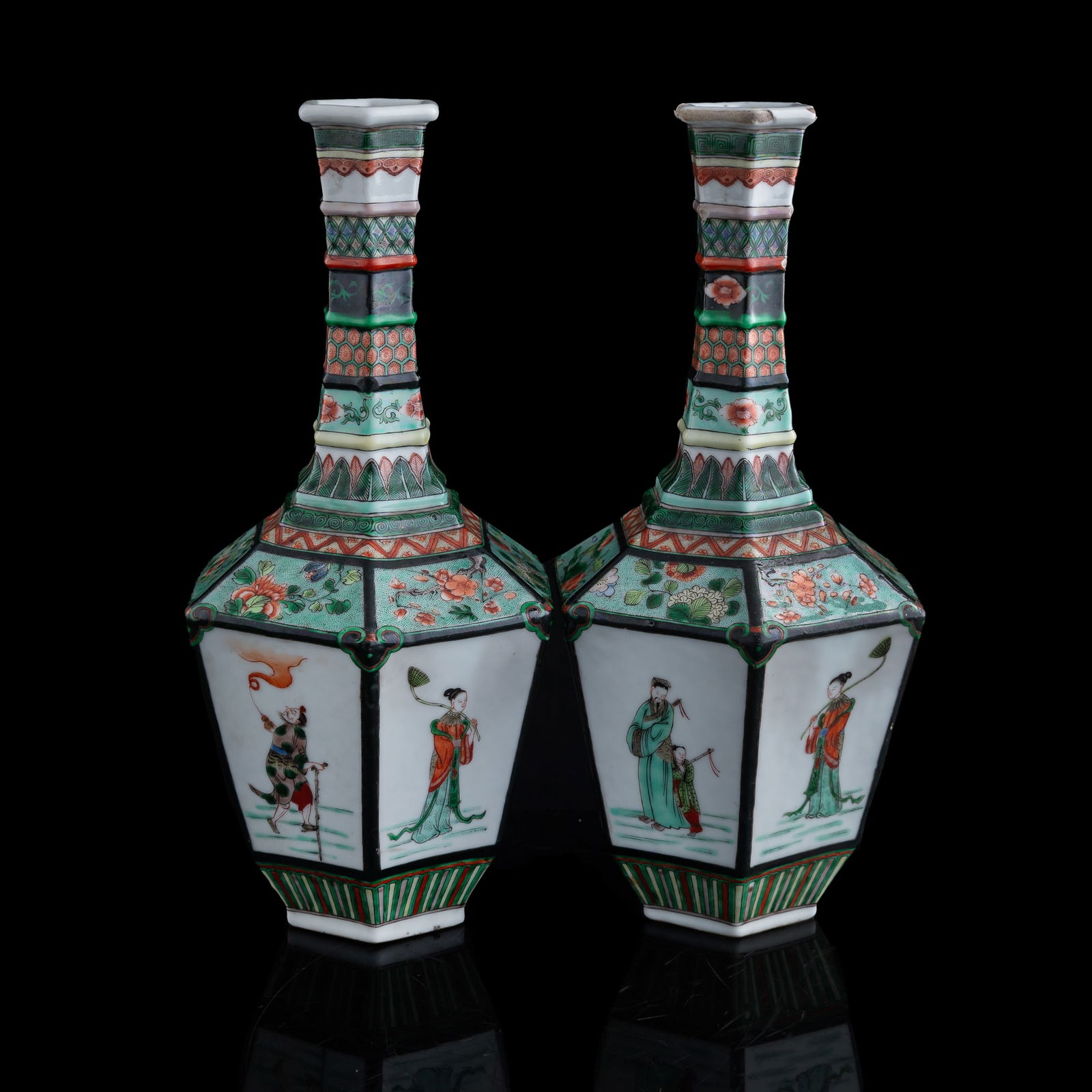 A pair of Chinese wucai 'eight immortals' hexagonal vases, 19th century (1 of 10)