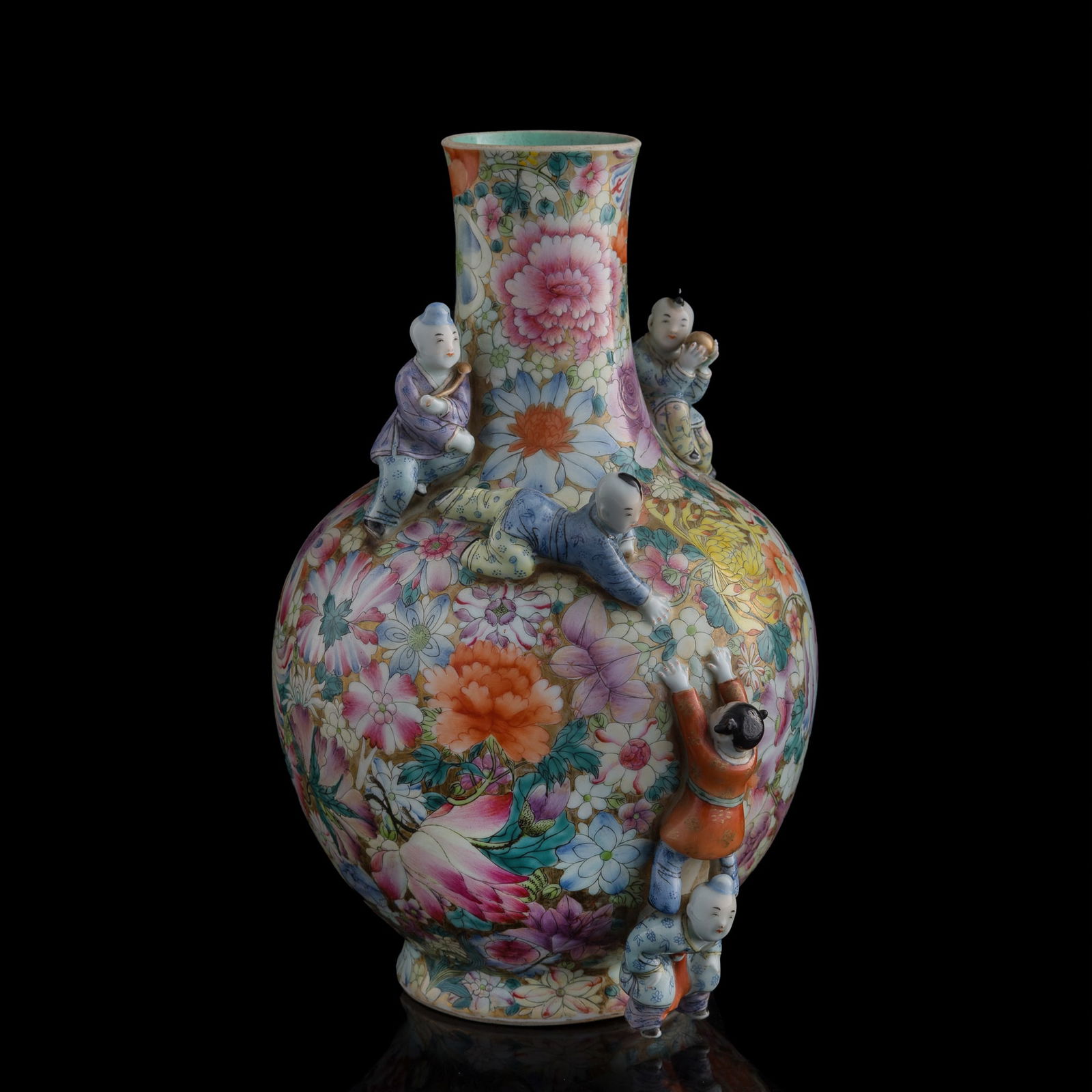 A Chinese famille rose 'mille fleur' and 'boy' vase, Republic period: A Chinese famille rose 'mille fleur' and 'boy' vase Republic period With six-character mark to underside. H: 11 3/4, W: 8 1/8, D: 7 1/2 in. (H: 29.8, W: 20.6, D: 19.1 cm.) Private collection, Malvern,