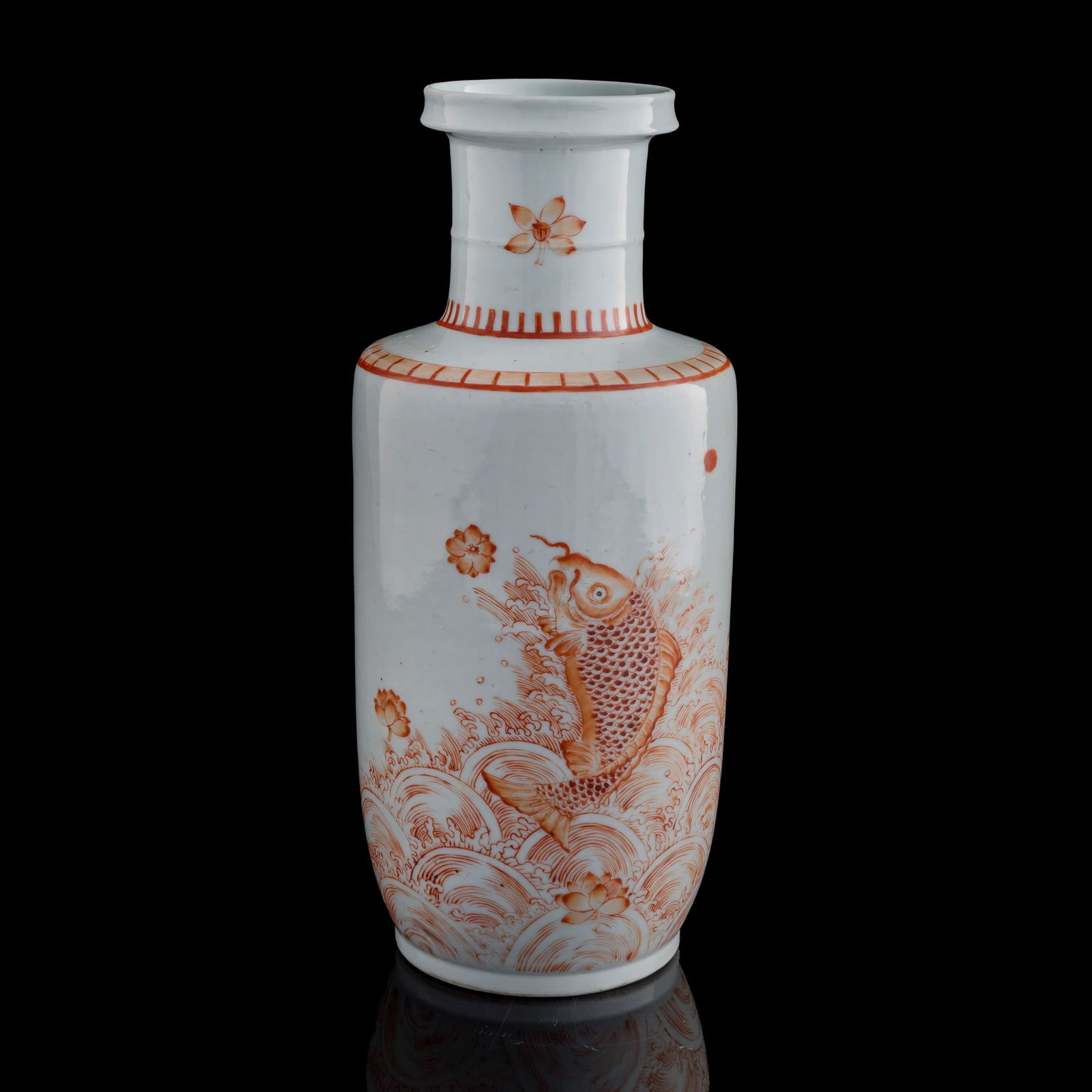 A Chinese iron red 'fish transforming into dragon' rouleau vase, Qing dynasty: A Chinese iron red 'fish transforming into dragon' rouleau vase Qing dynasty H: 14 1/8, Dia: 6 1/2 in. (H: 35.9, Dia: 16.5 cm.) Private collection, Mountain View, California.