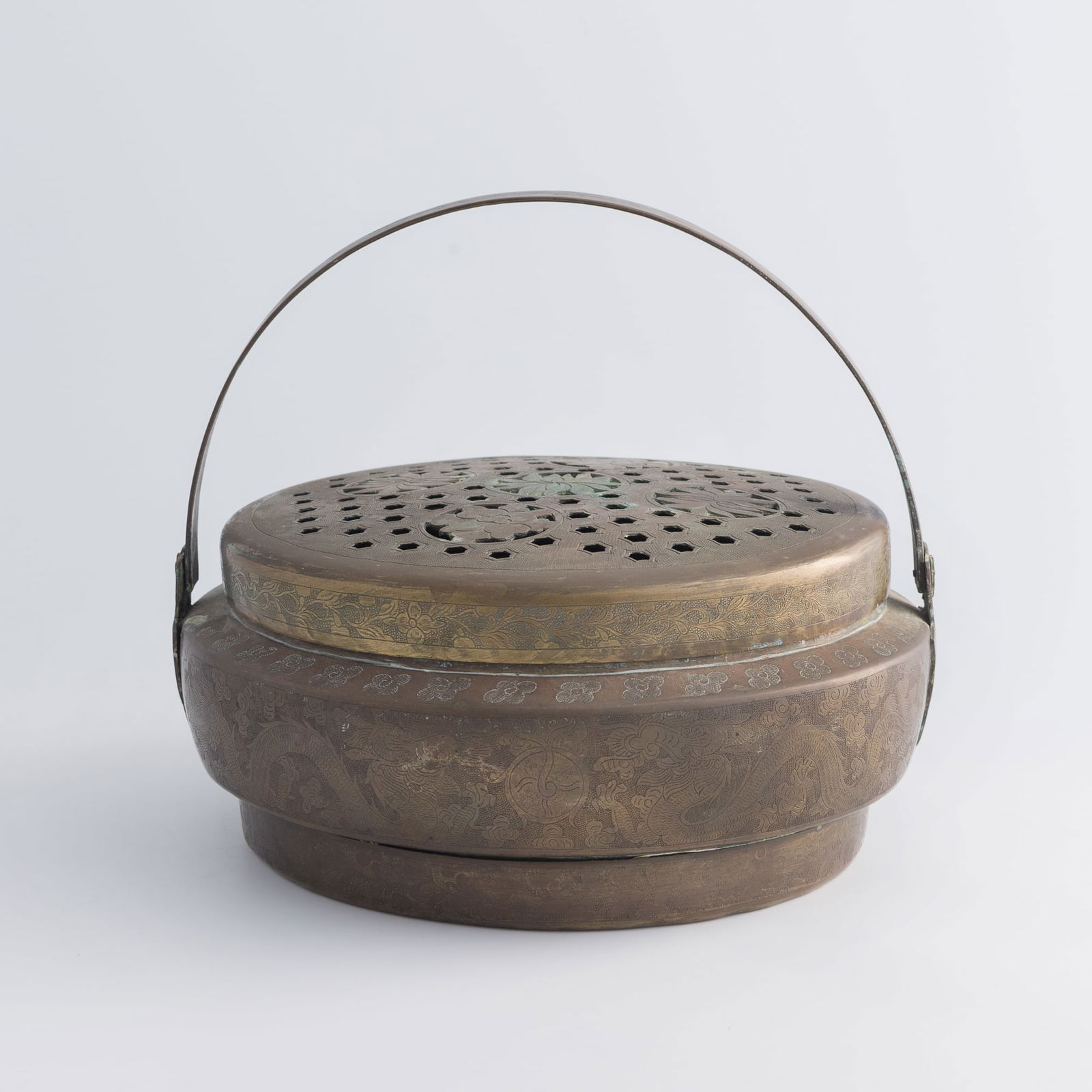 A Chinese incised brass 'dragon' hand warmer, 19th century (1 of 9)