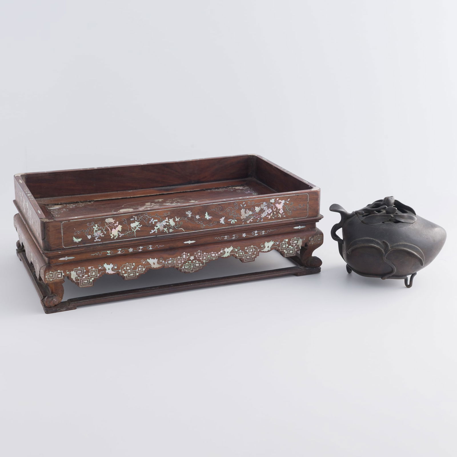 A Chinese bronze censer and a mother-of-pearl-inlaid hardwood tray, Qing dynasty (1 of 10)