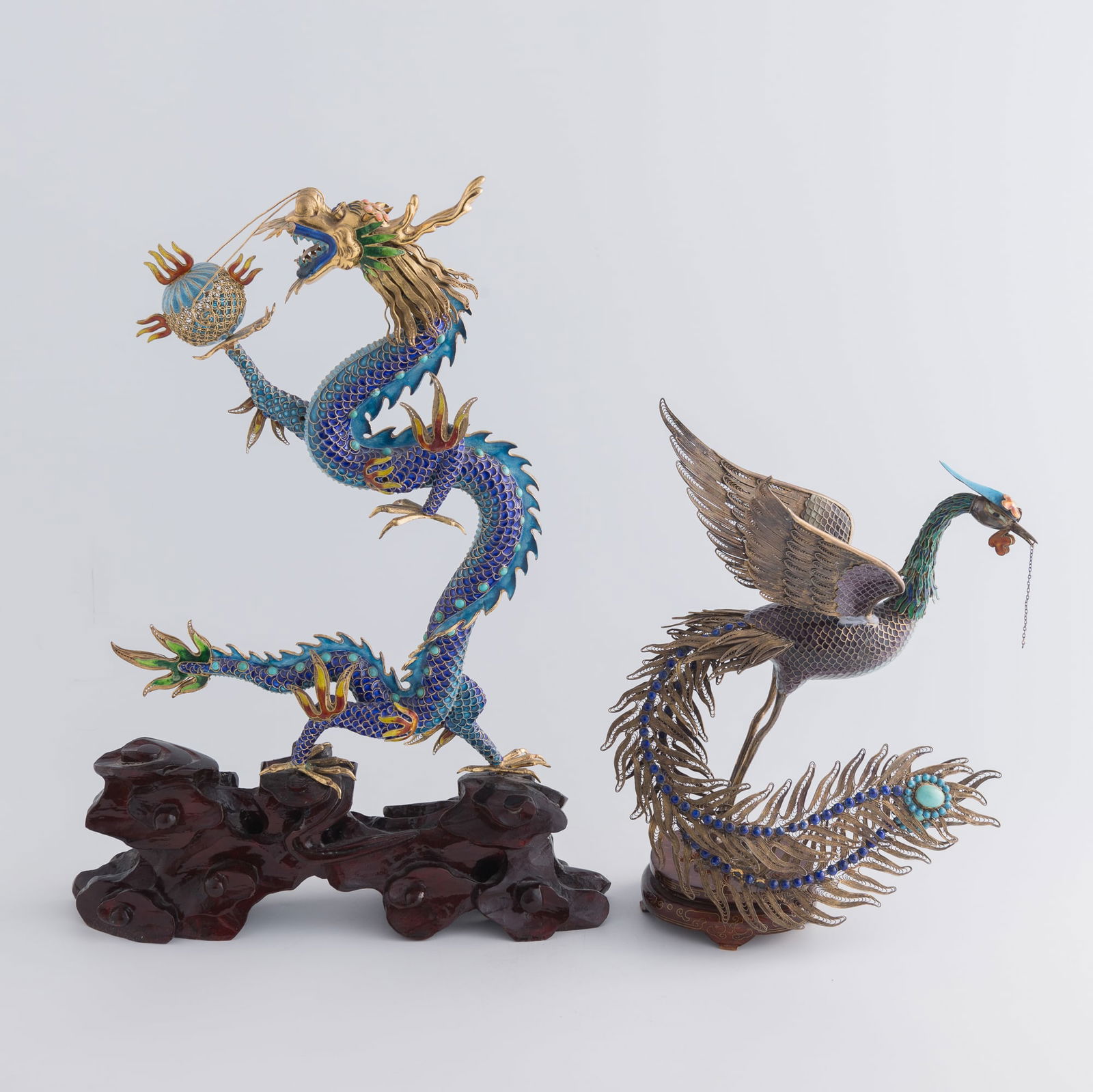 A Chinese silver enamel dragon and a phoenix, 1960s-1970s (1 of 7)