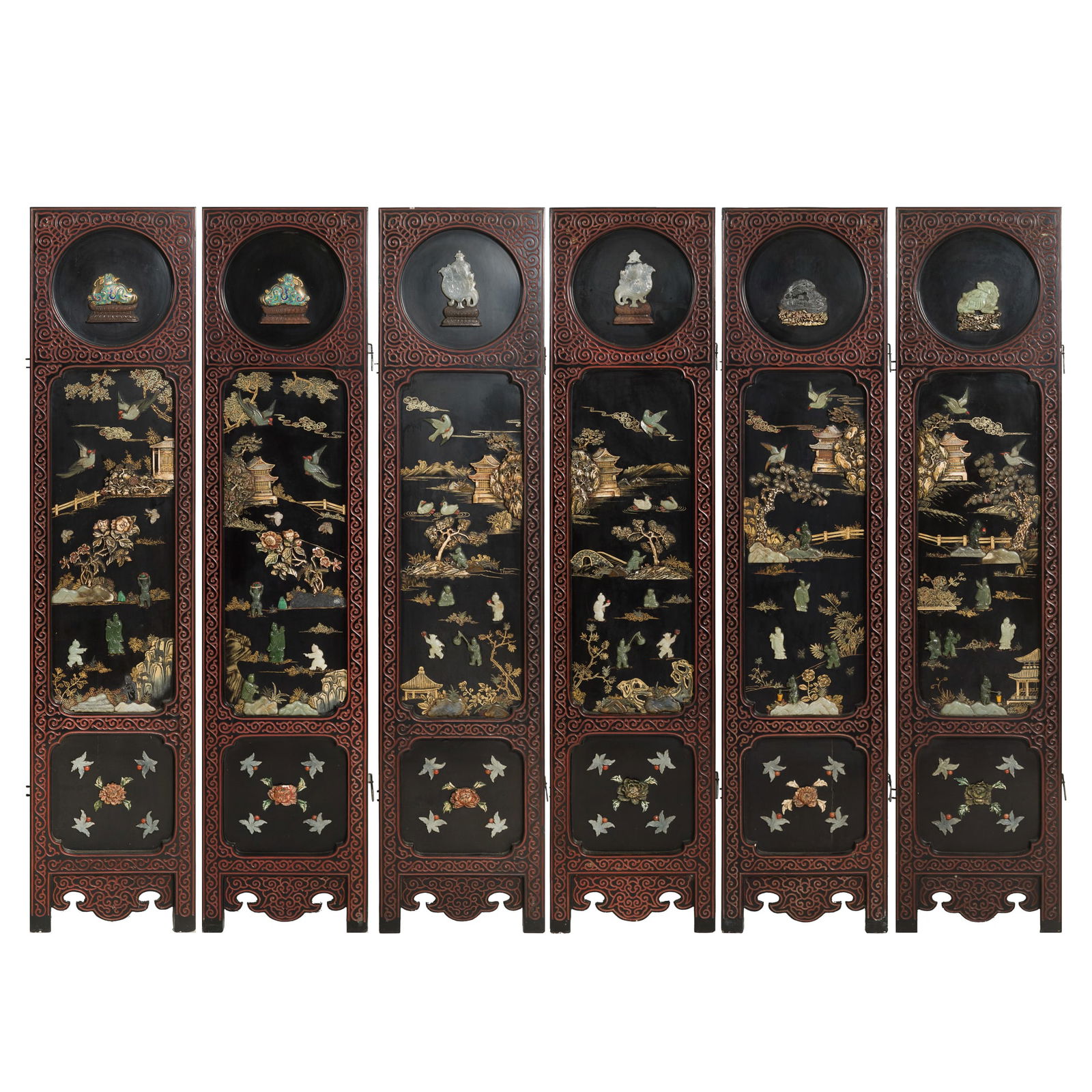 A Chinese six-panel hardstone-inlaid tixi screen, Republic period (1 of 16)