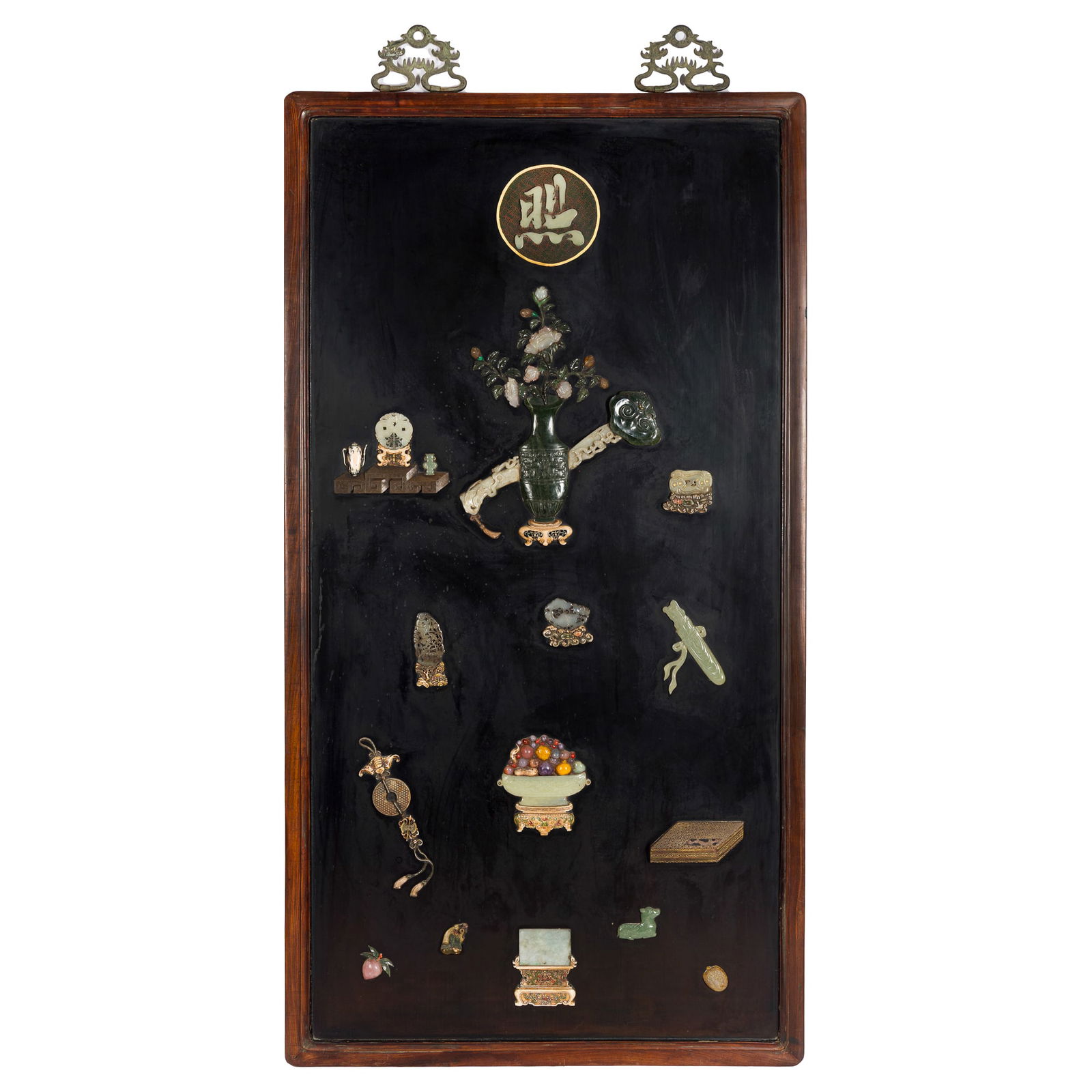 A Chinese precious stone-inlaid hardwood panel, Republic period or earlier (1 of 6)