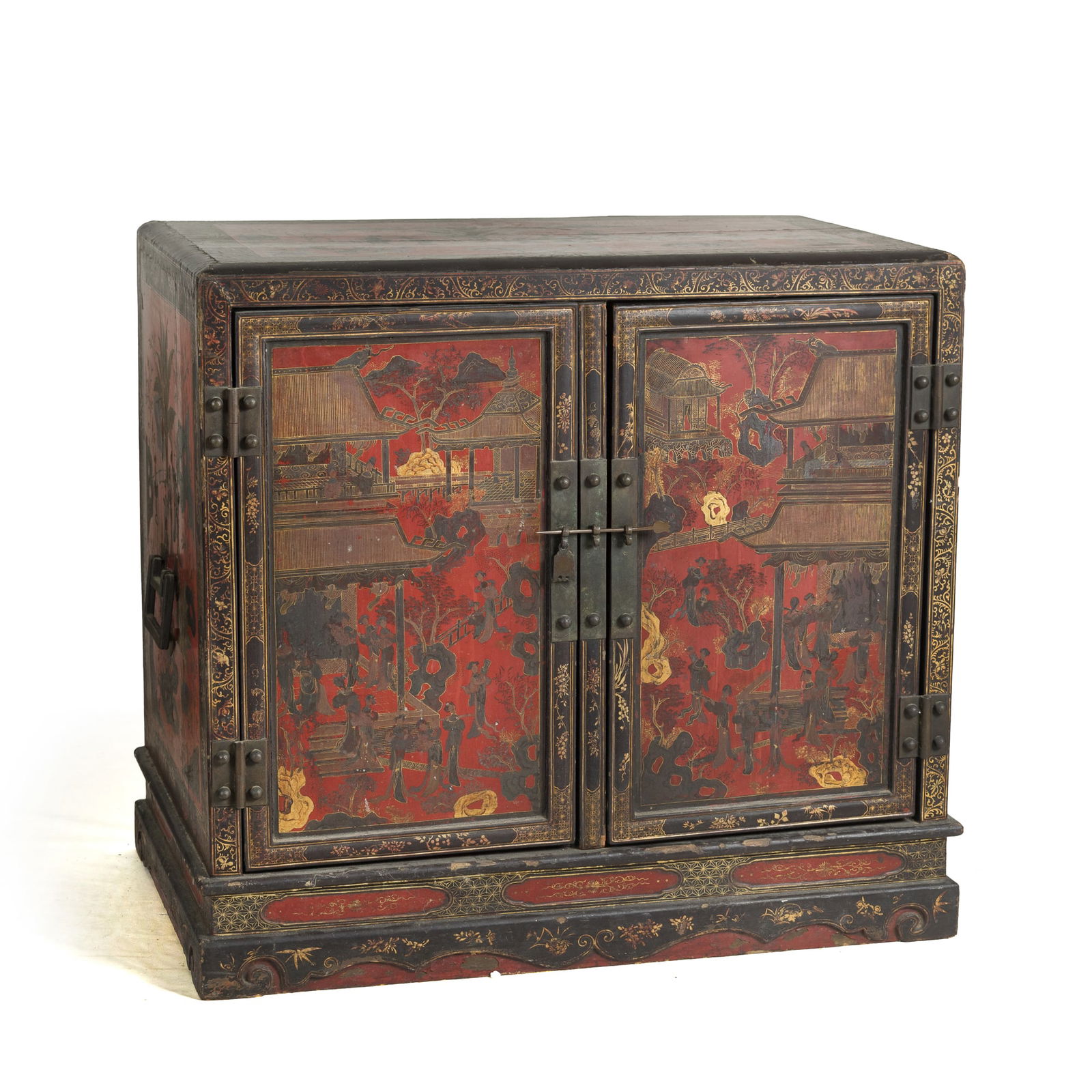 A Chinese black-lacquer polychrome 'pavilion' and 'figure' cabinet, 18th century (1 of 8)