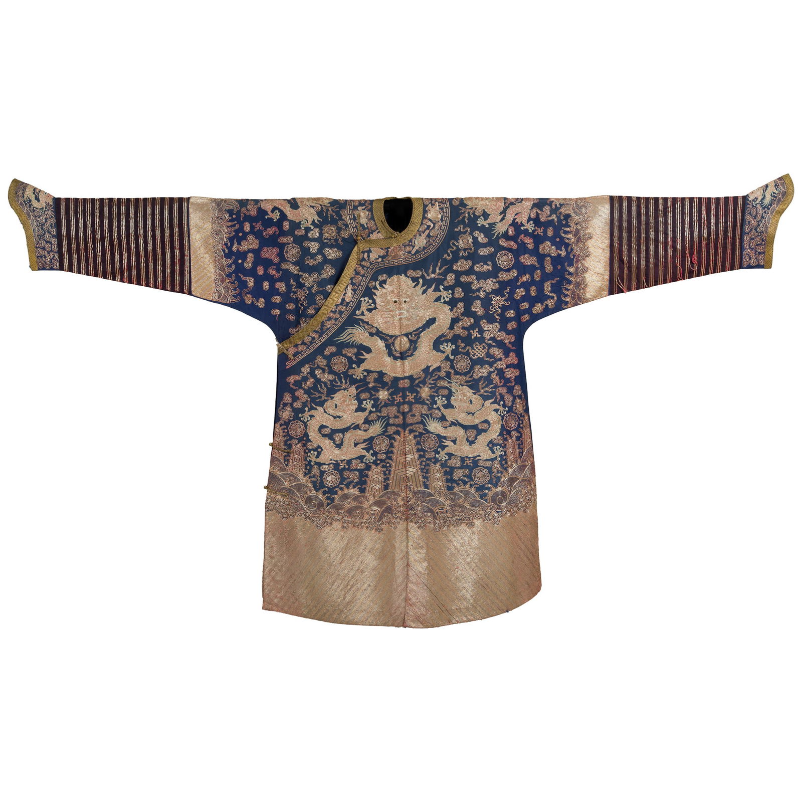 A Chinese blue-ground gold-thread embroidered dragon robe, 19th century (1 of 6)