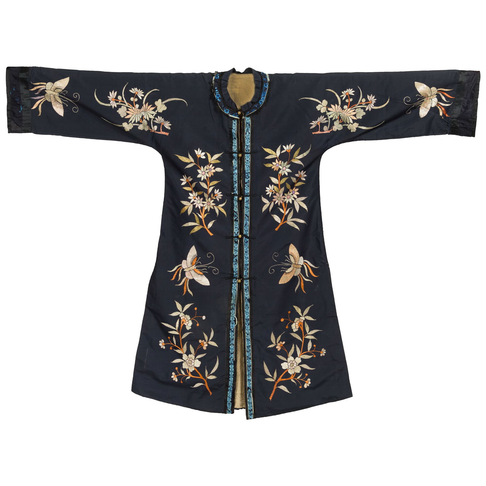 A Chinese dark blue-ground embroidered 'floral' lady's coat, 19th century (1 of 6)