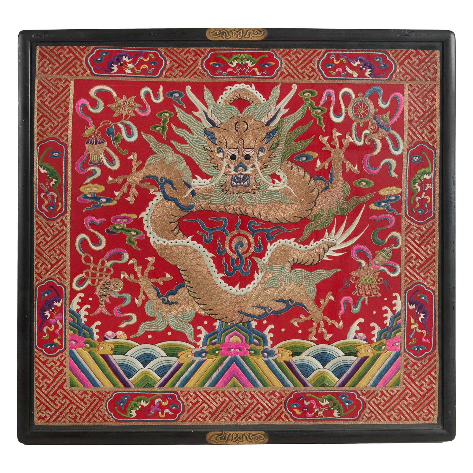 A Chinese red-ground 'dragon' embroidery, late 19th century (1 of 6)