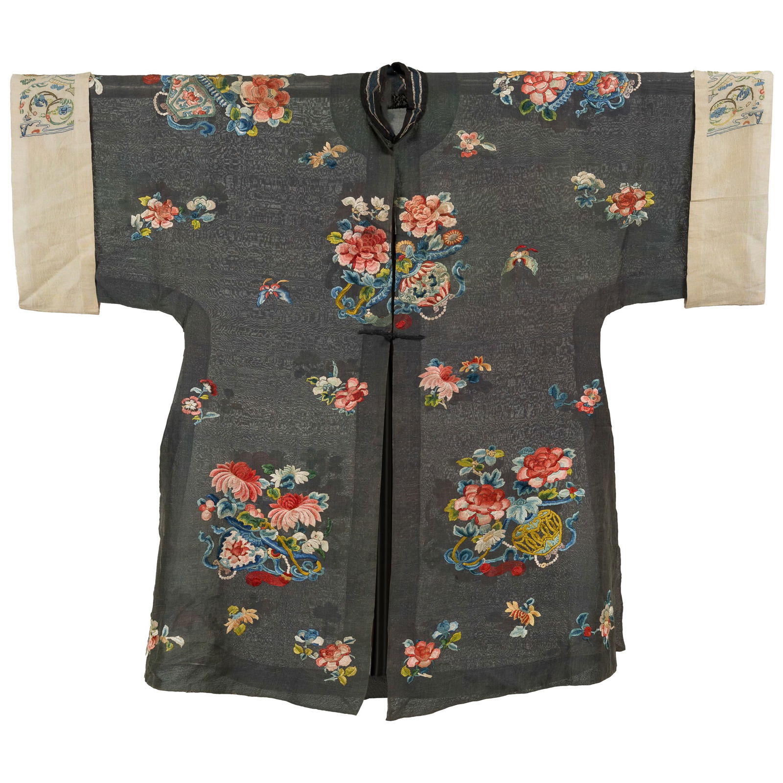 A Chinese black-ground embroidered lady's coat, 19th century (1 of 8)