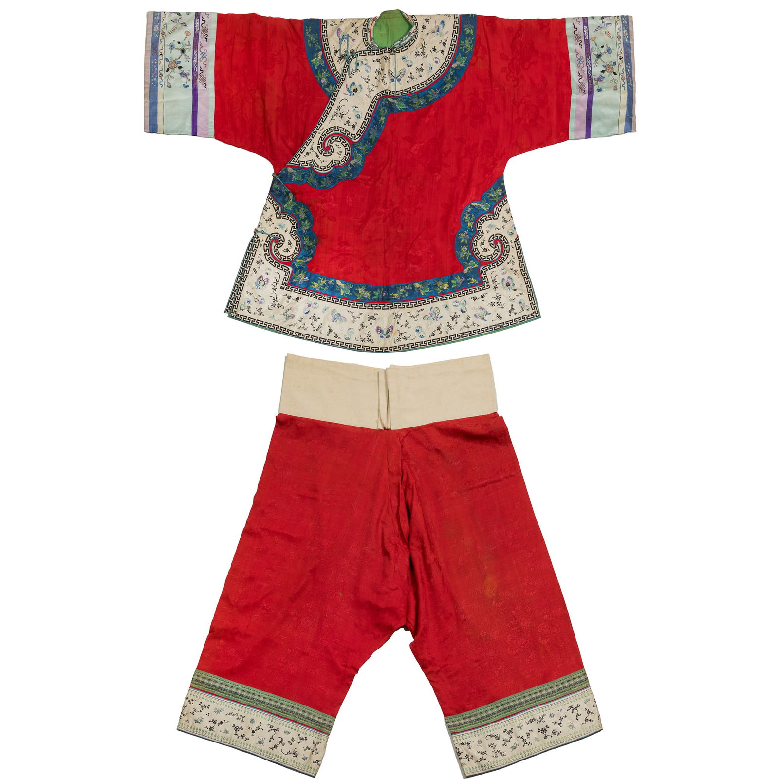 A Chinese red-ground embroidered lady's coat and a pair of pants, 19th century (1 of 11)