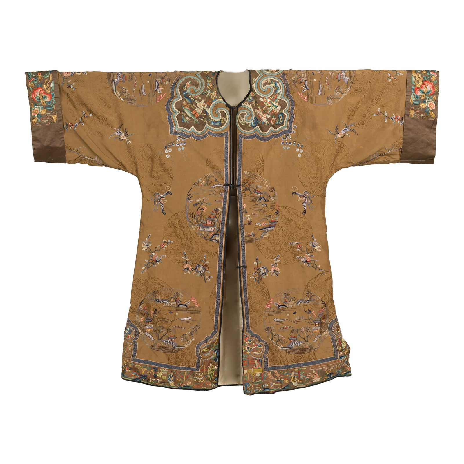 A Chinese yellow-ground embroidered 'landscape' and 'figural' lady's coat, 19th century (1 of 8)