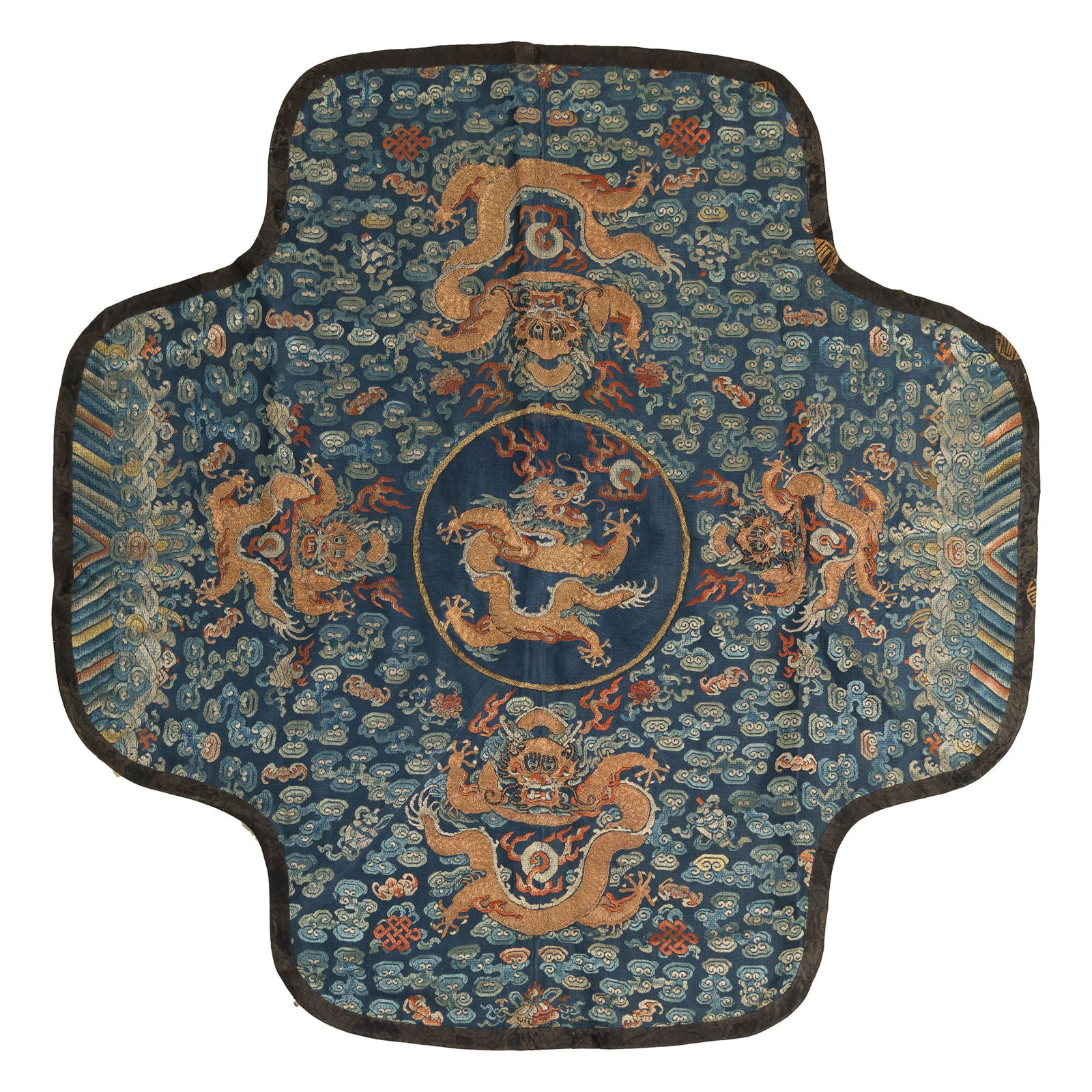 A Chinese dark-blue-ground embroidered dragon jifu panel, early 19th century (1 of 5)