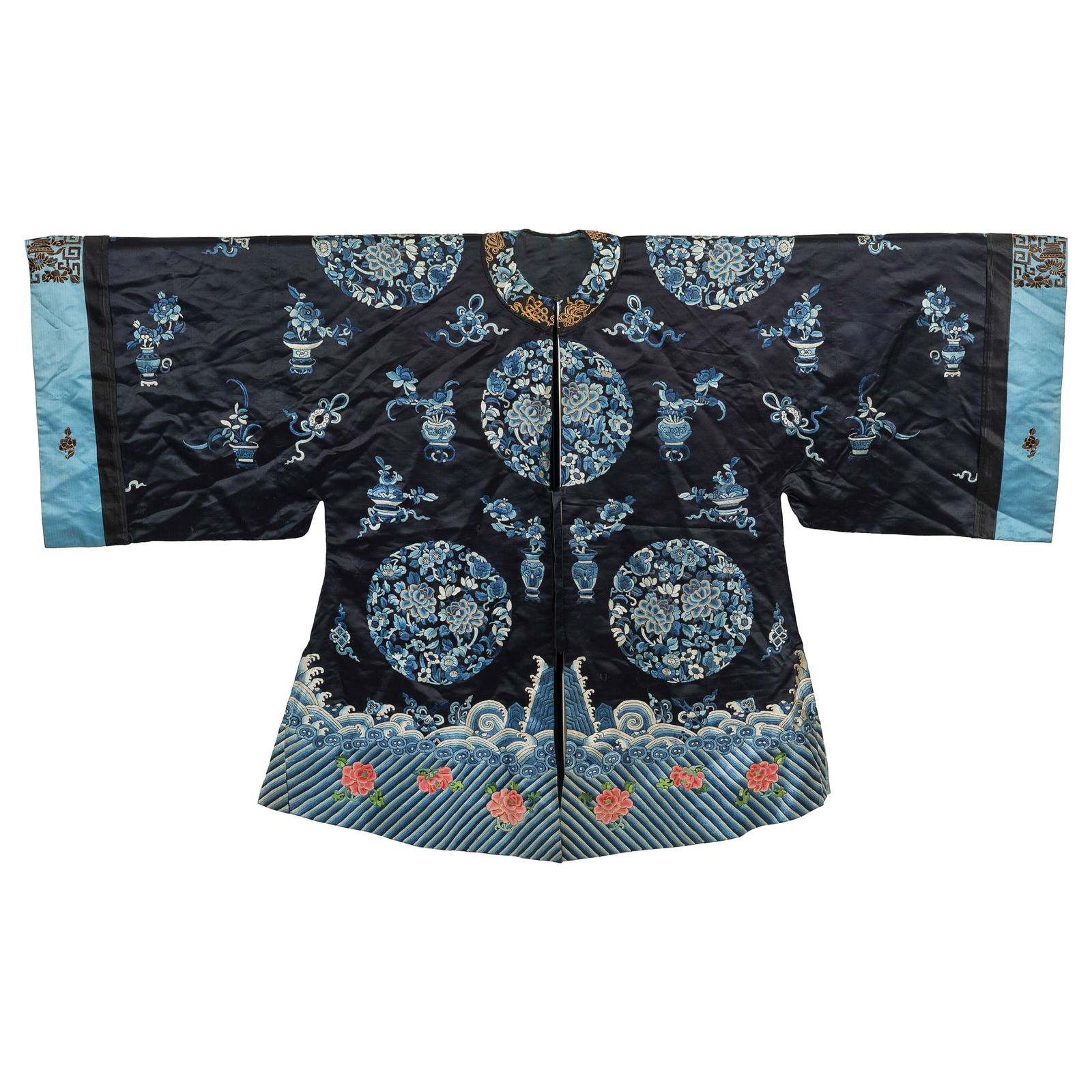 A Chinese dark blue-ground embroidered 'floral roundel' lady's coat, 19th century (1 of 6)