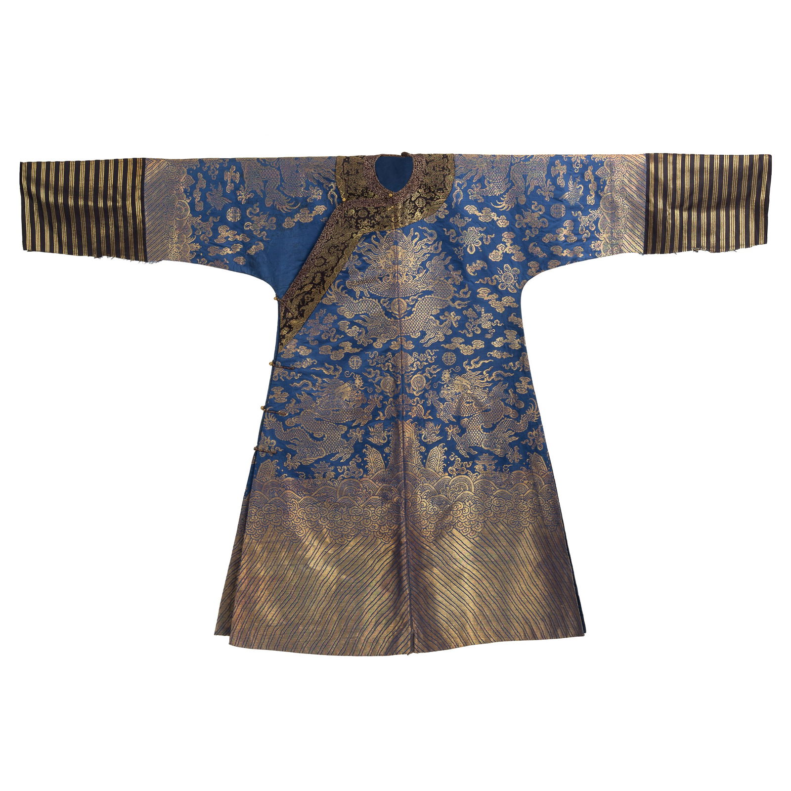 A Chinese blue-ground gold-thread embroidered dragon robe, 19th century (1 of 6)