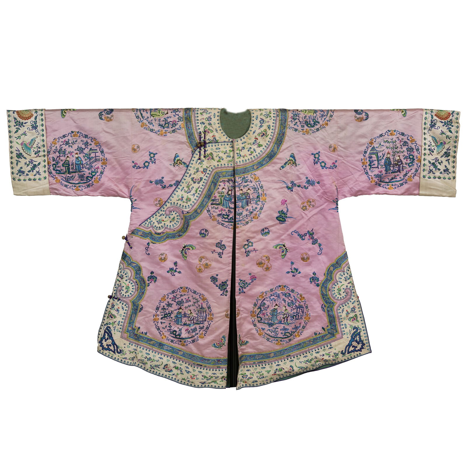 A Chinese pink-ground embroidered 'figural' lady's coat, 19th century (1 of 7)