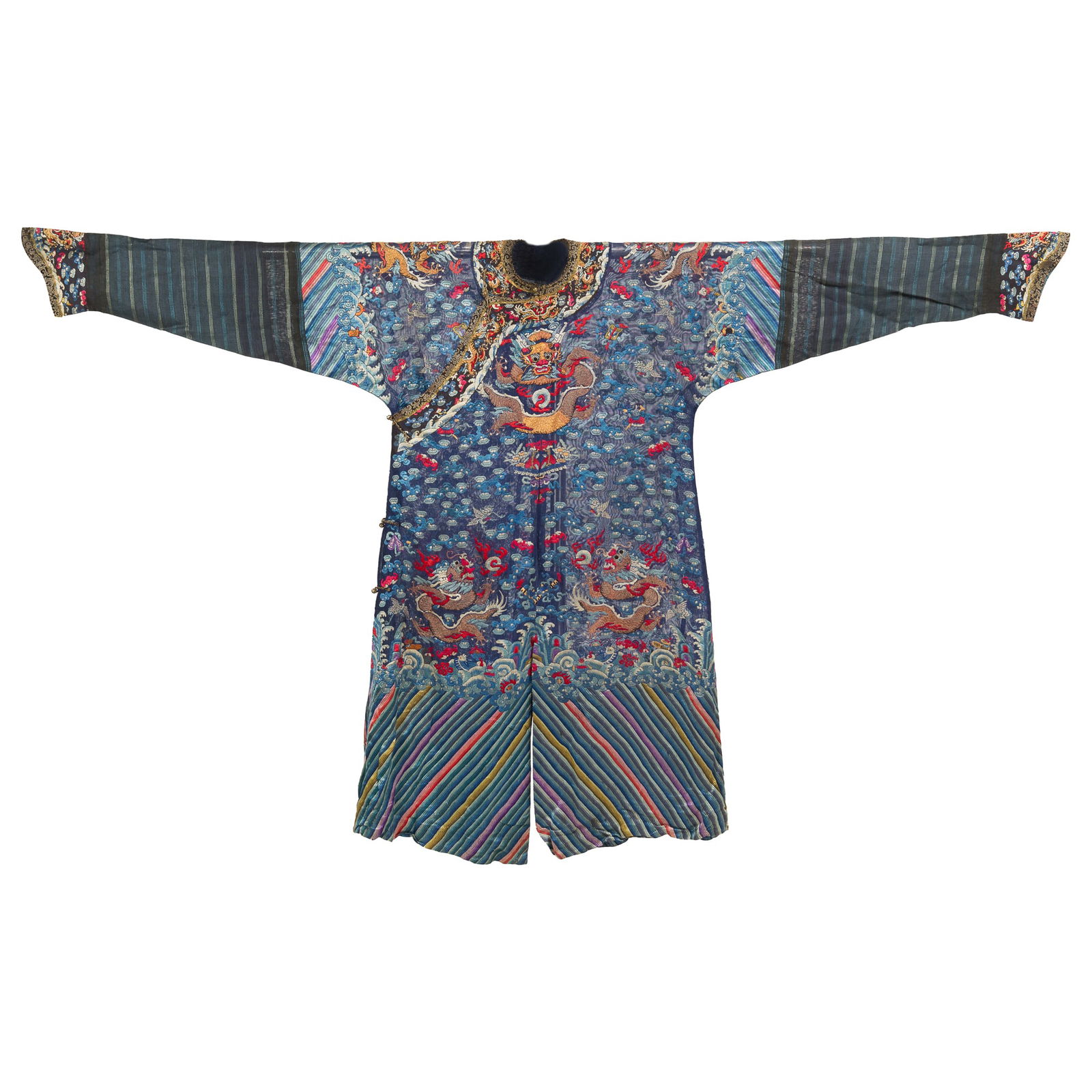 A Chinese dark-blue-ground embroidered gauze dragon robe, early 19th century (1 of 8)