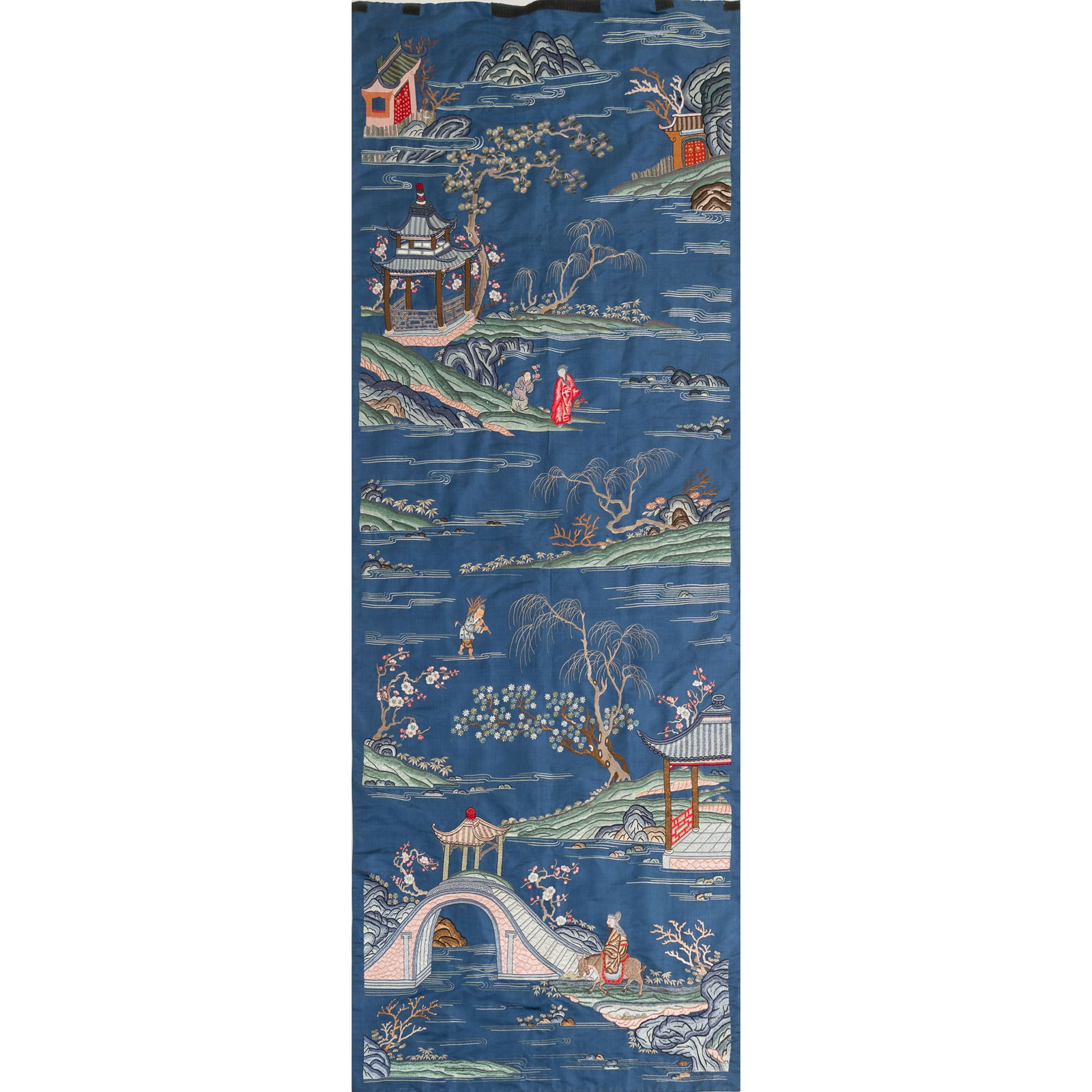 A Chinese blue-ground embroidered 'landscape' and 'figural' panel, 19th century (1 of 6)