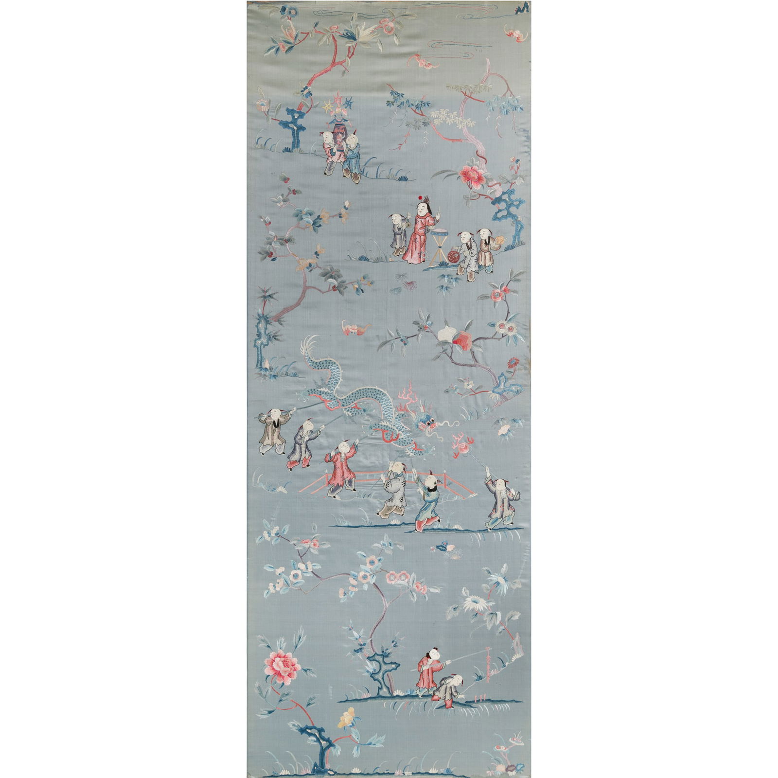 A Chinese blue-ground embroidered 'boys at play' panel, 19th century: A Chinese blue-ground embroidered 'boys at play' panel 19th century H: 72, W: 26 in. (H: 182.9, W: 66 cm.) Private collection, Laurel, Maryland. Click here for h