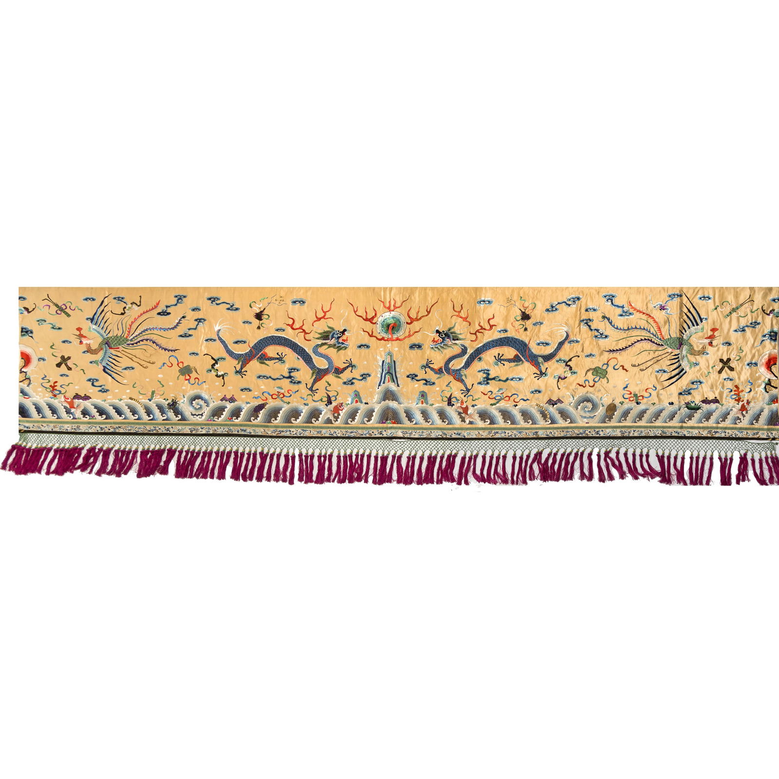 A Chinese yellow-ground embroidered 'dragon and phoenix' panel, 19th century (1 of 7)