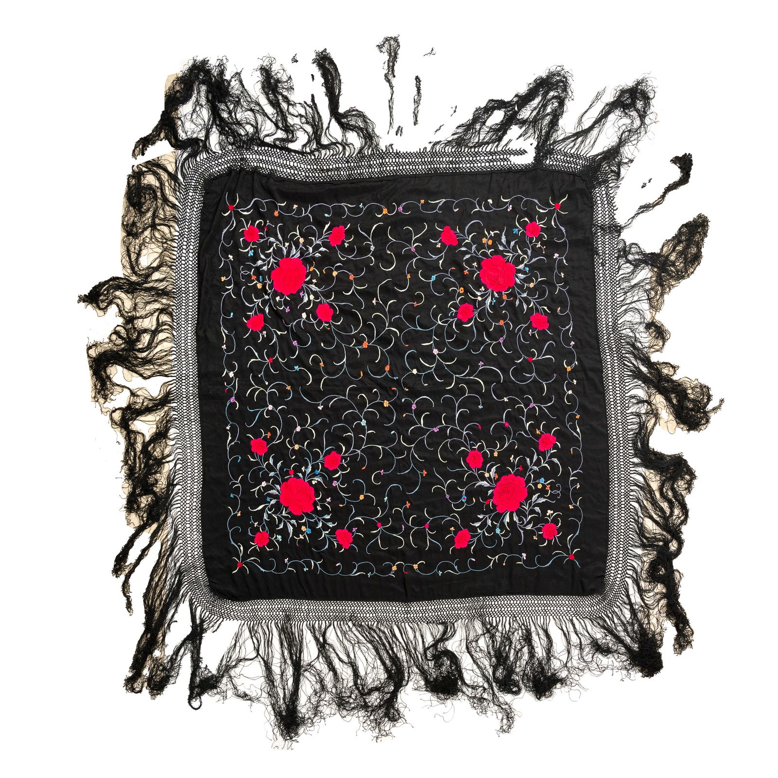 A Chinese black-ground embroidered 'floral' panel, 19th century (1 of 5)