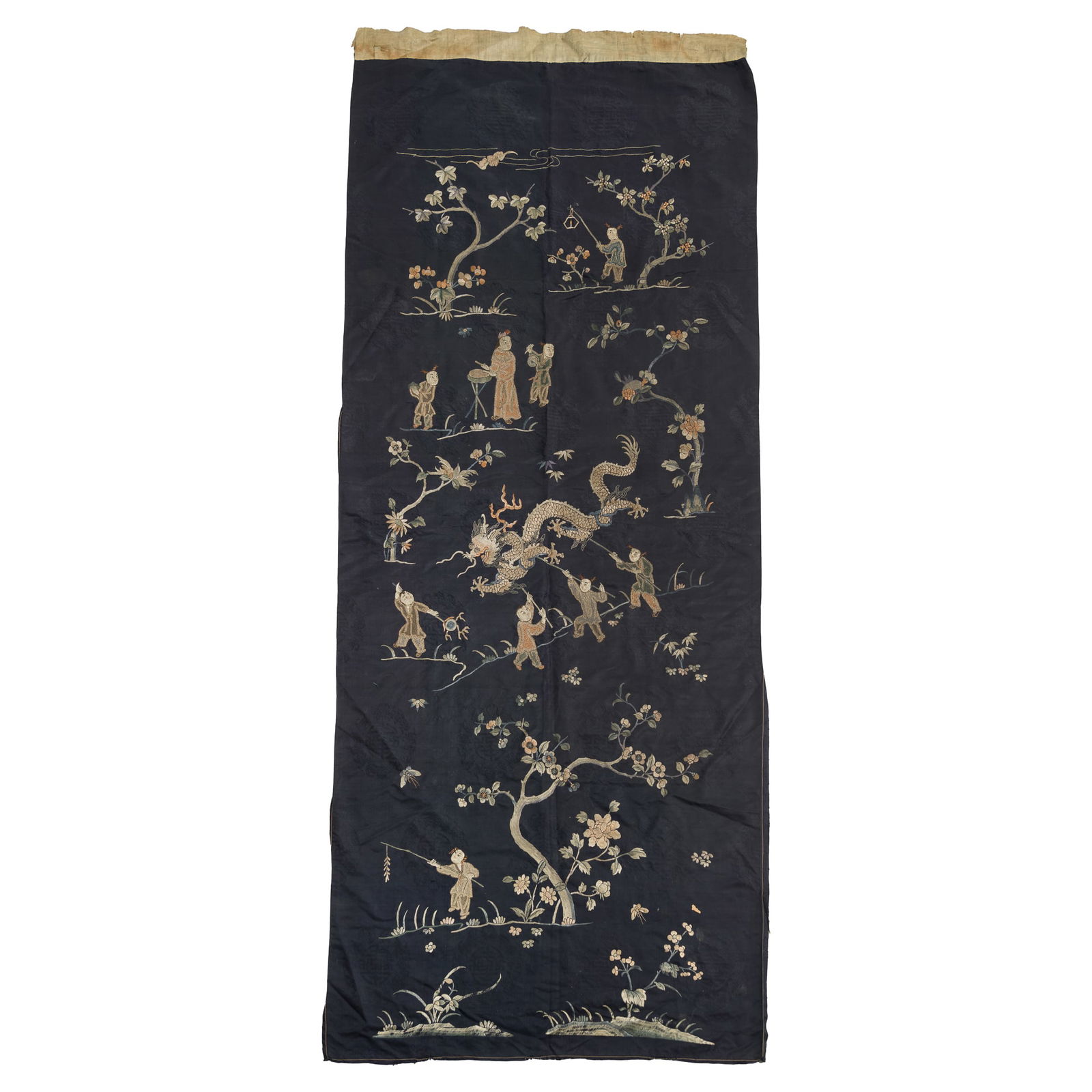 A Chinese blue-ground embroidered 'boys at play' panel, 19th century (1 of 6)