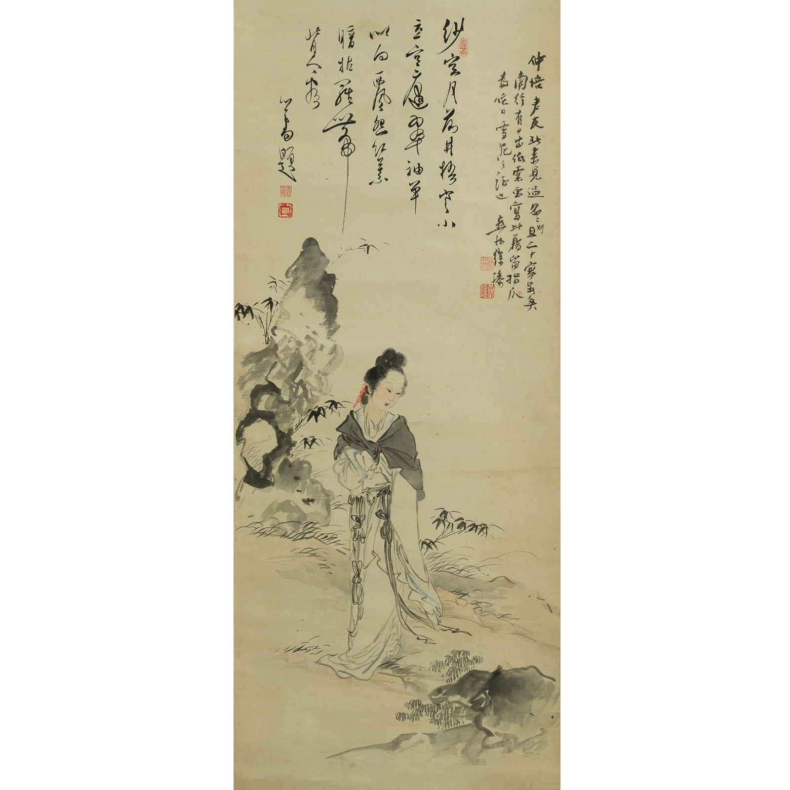 A Chinese painting of a lady, by Xu Cao (1899-1961), colophon by Pu Ru (1896-1963), dedicated to (1 of 8)