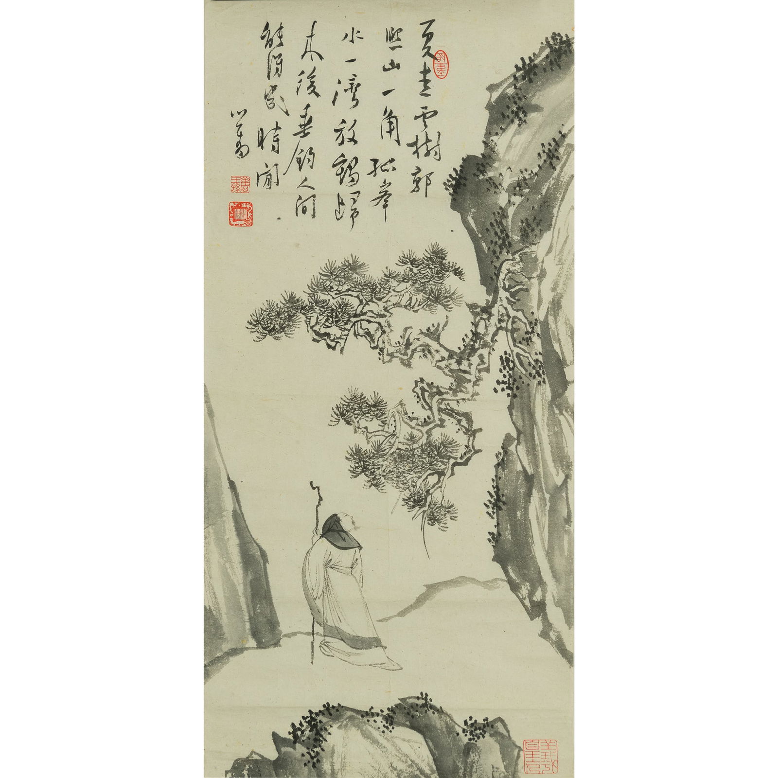 A Chinese painting of a scholar, by Pu Ru (1896-1963): A Chinese painting of a scholar by Pu Ru (1896-1963) With inscription, signature and four seals. H: 23 1/4, W: 11 in. (H: 59.1, W: 27.9 cm.) From Mr. Rogers, Wilmington, North Carolina. Inherited from