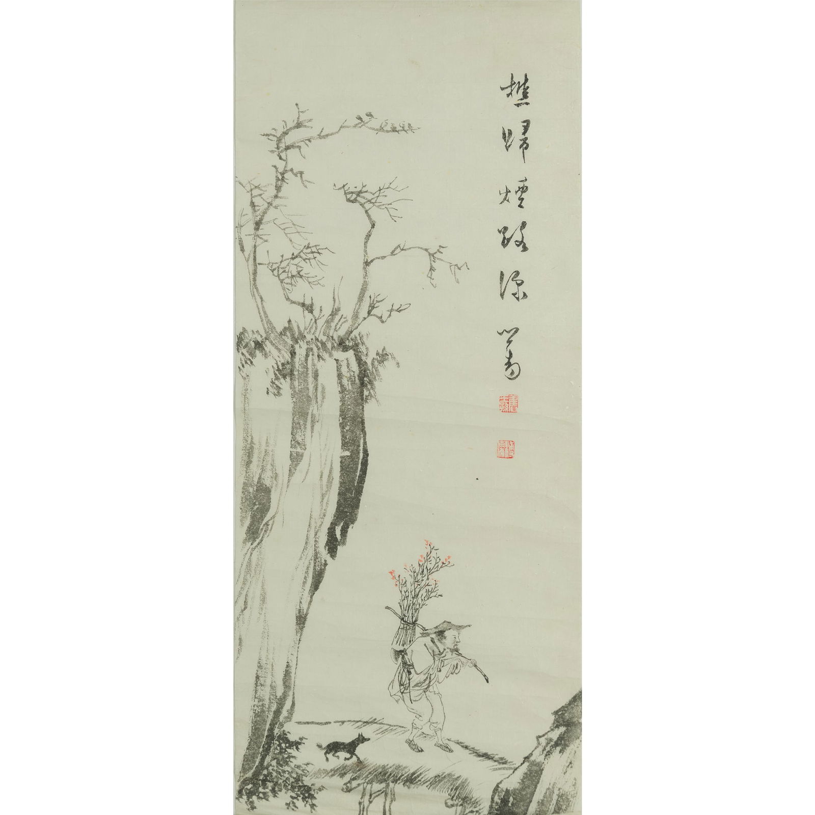 A Chinese painting of a woodcutter, by Pu Ru (1896-1963): A Chinese painting of a woodcutter by Pu Ru (1896-1963) With inscription, signature and two seals. H: 23 1/2, W: 9 3/4 in. (H: 59.7, W: 24.8 cm.) From Mr. Rogers, Wilmington, North Carolina. Inherited