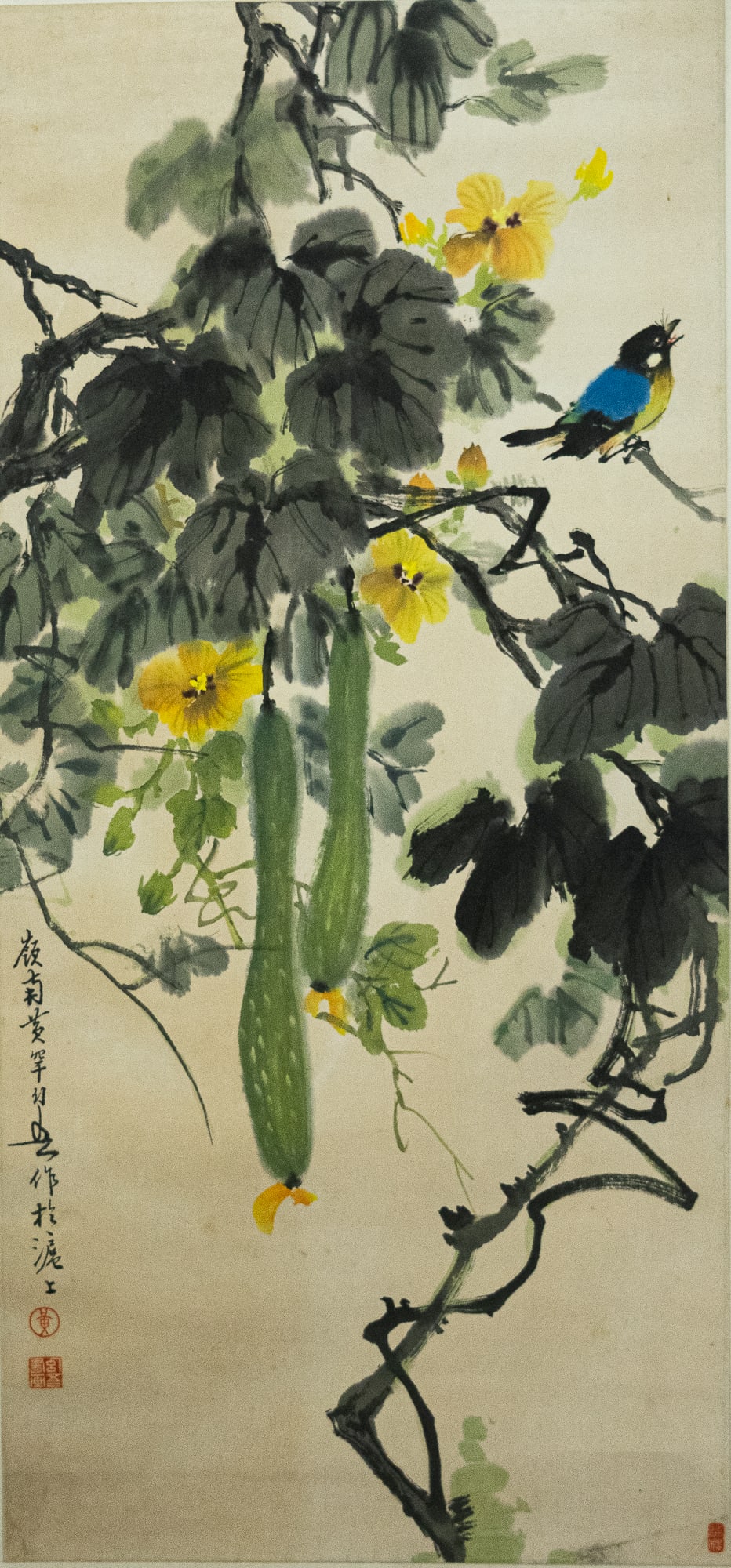 A Chinese painting of flower and bird, by Huang Huanwu (1906-1985): A Chinese painting of flower and bird by Huang Huanwu (1906-1985) With three seals, a description, signature, and is mounted on a silk backing. Sight dimensions: H: 37 1/2, W: 17 1/2 in. (H: 95.3, W: