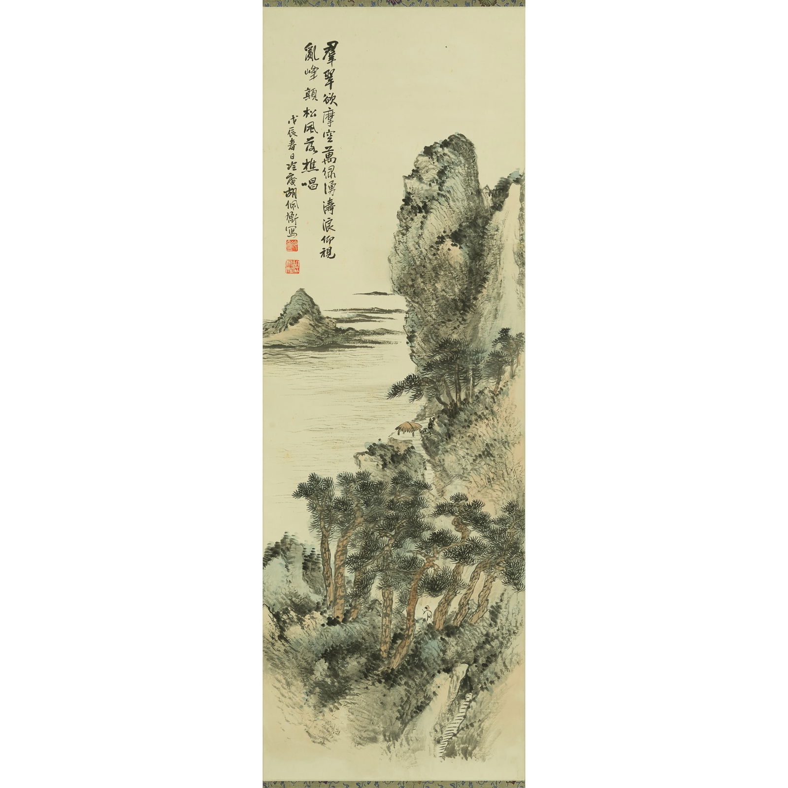 A Chinese landscape painting, by Hu Peiheng (1892-1962): A Chinese landscape painting by Hu Peiheng (1892-1962) With inscription, signature and two seals. Sight dimensions: H: 40 1/4, W: 13 1/4 in. (H: 102.2, W: 33.7 cm.) From Ms. Tang, Dallas, Texas; inher